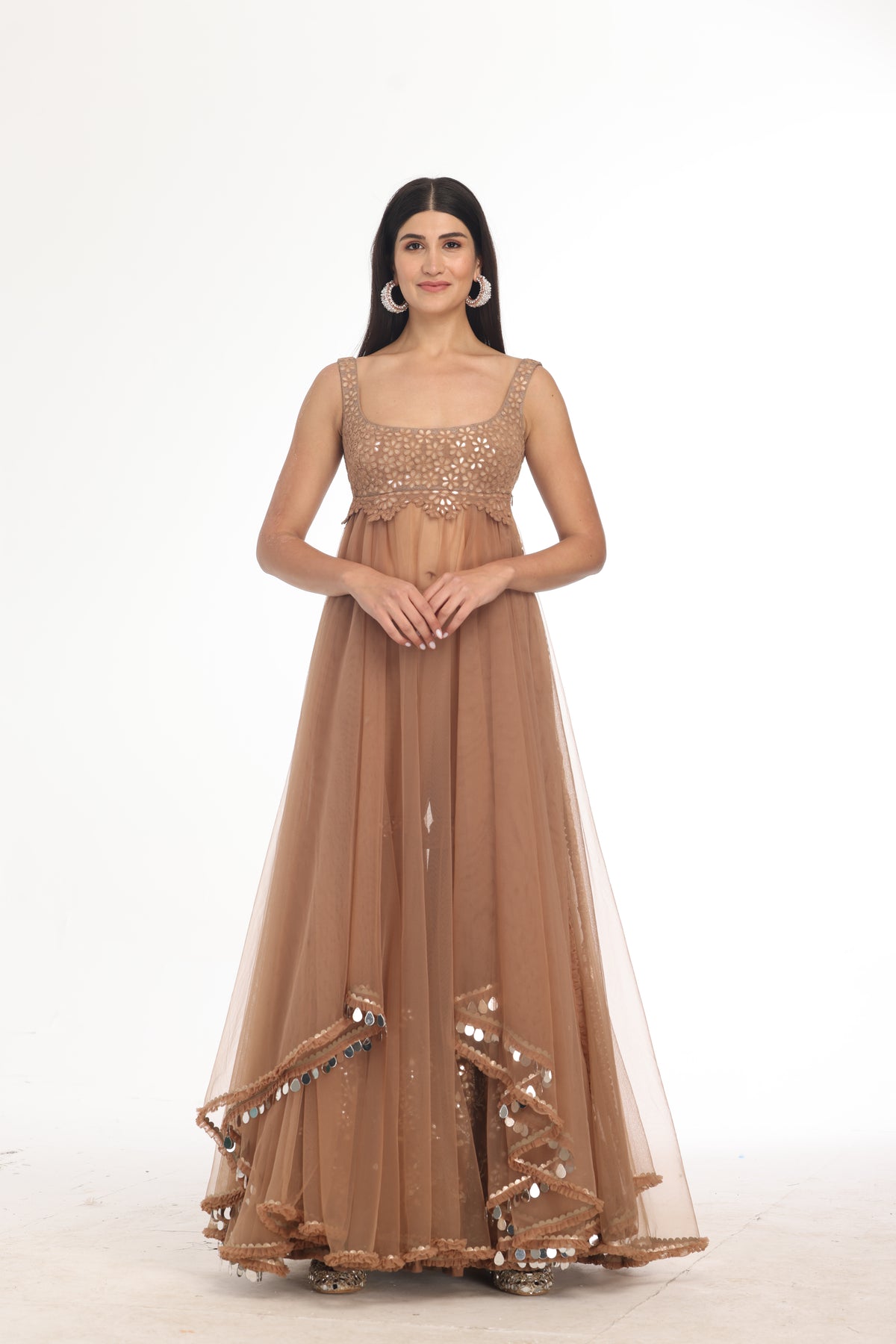 Brown Dress With Mirror Sharara