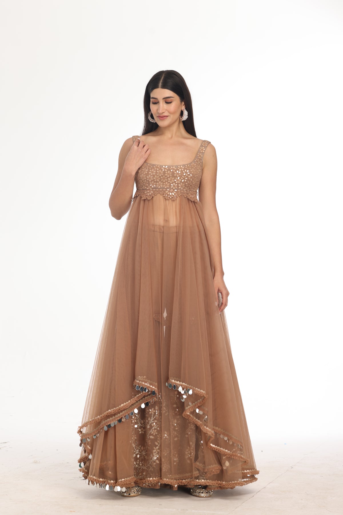 Brown Dress With Mirror Sharara