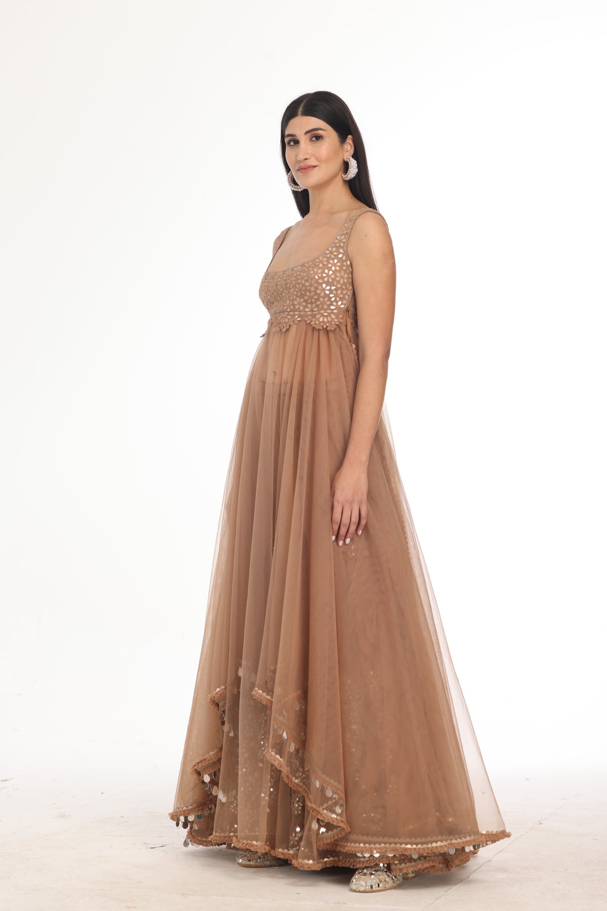 Brown Dress With Mirror Sharara