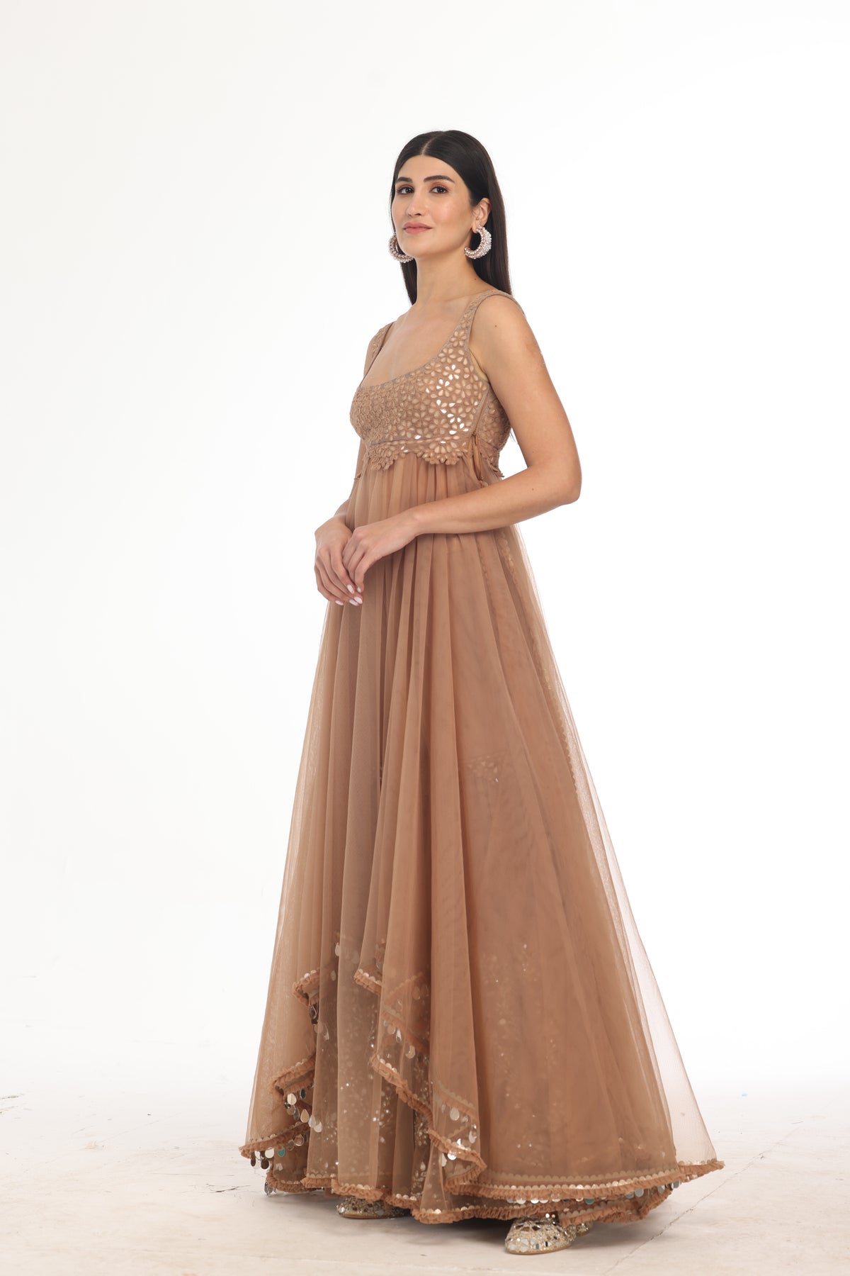 Brown Dress With Mirror Sharara