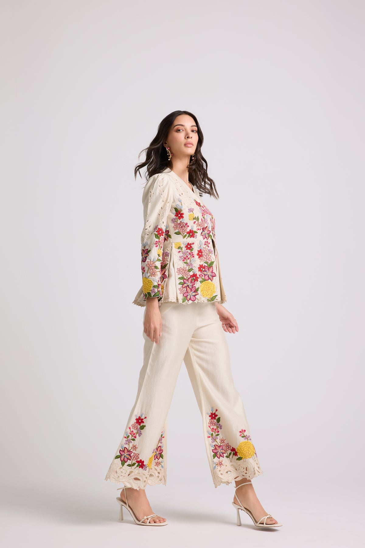 Ivory Floral Threadwork pleated Jacket