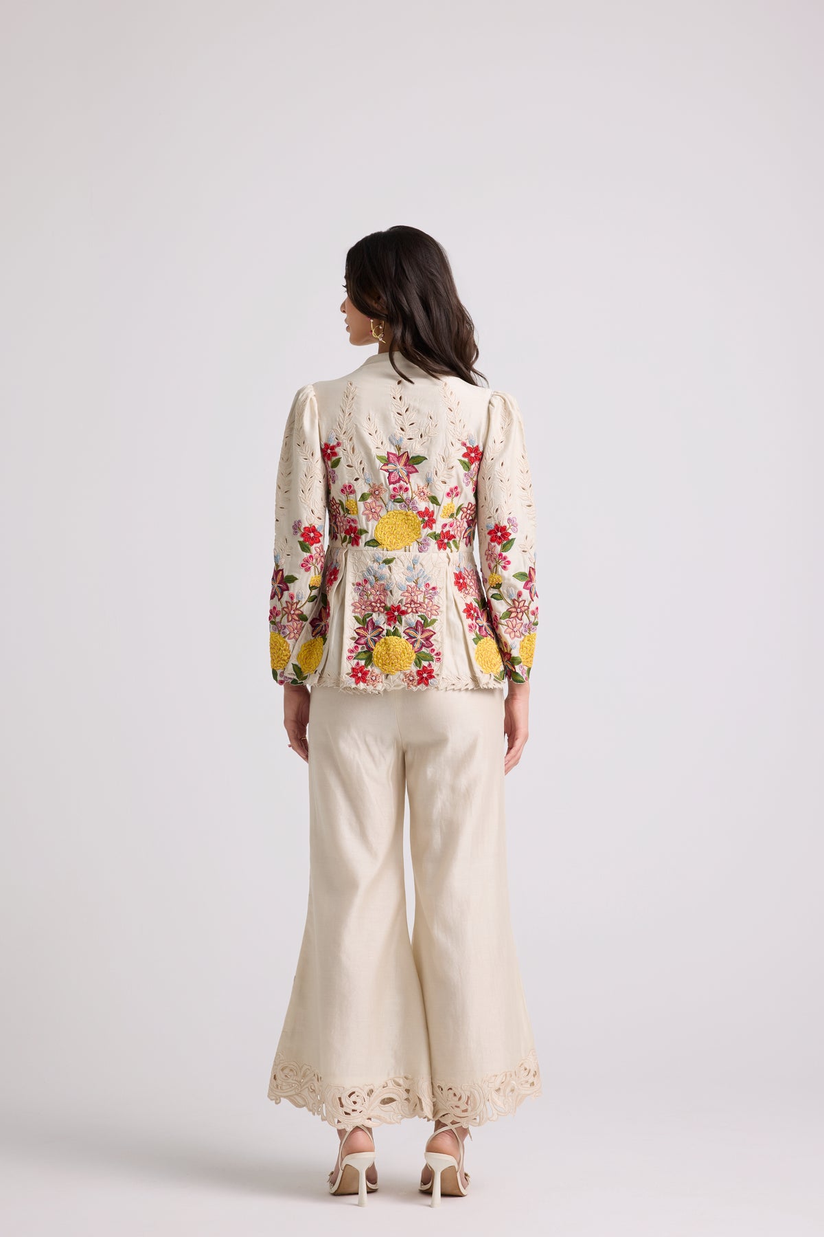 Ivory Floral Threadwork pleated Jacket