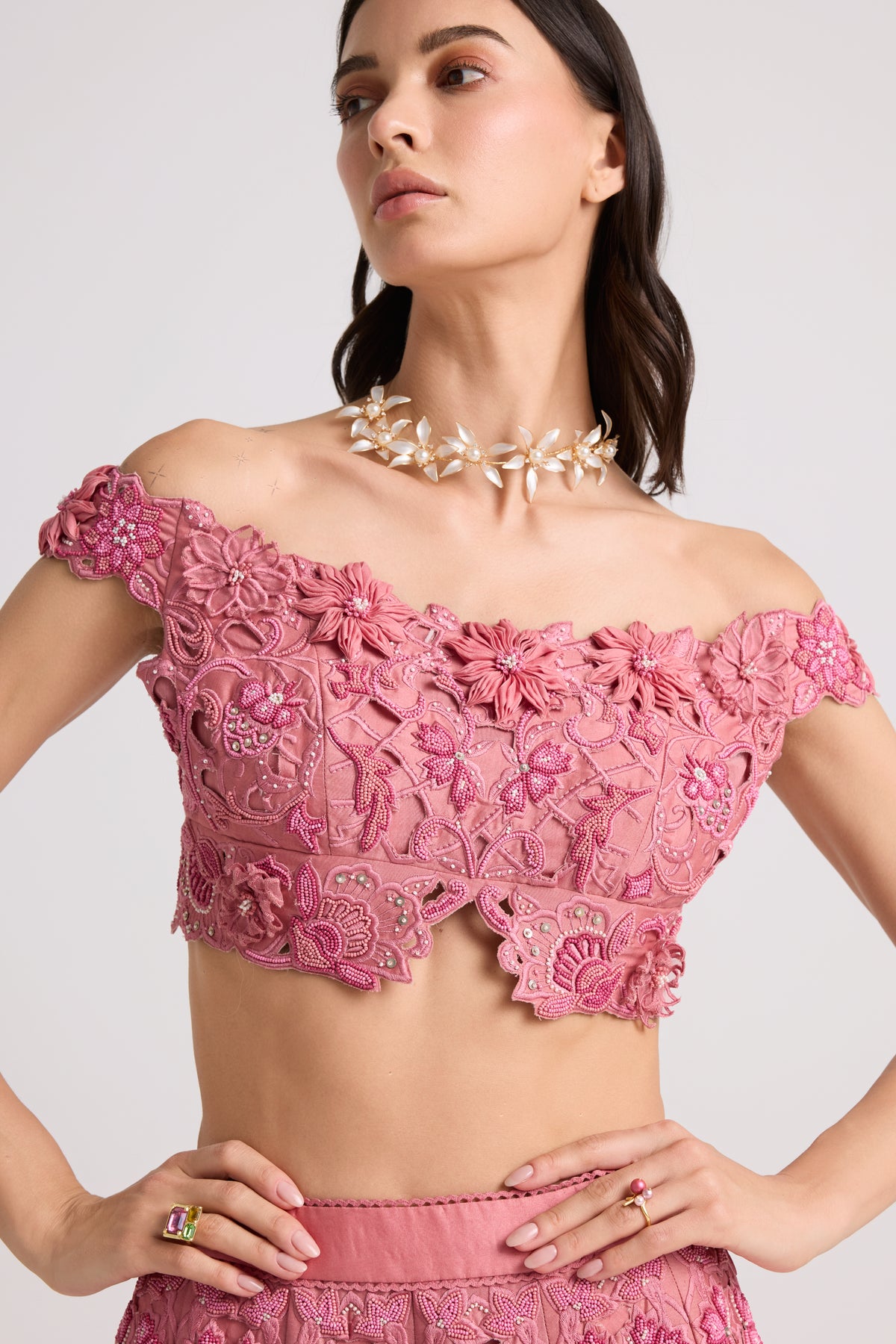 Blush 3d Floral Applique Beaded Bustier