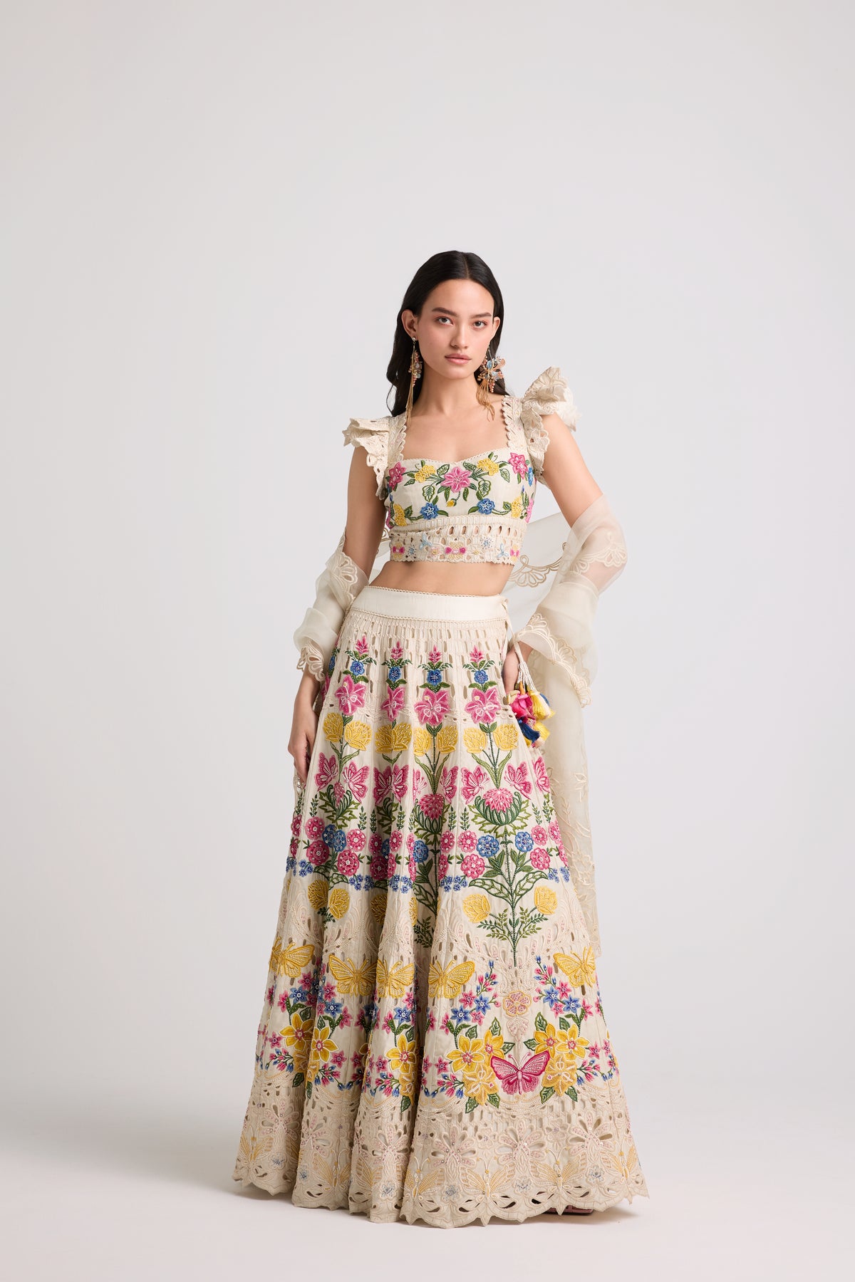 Ivory Floral Threadwork Beaded Lehenga