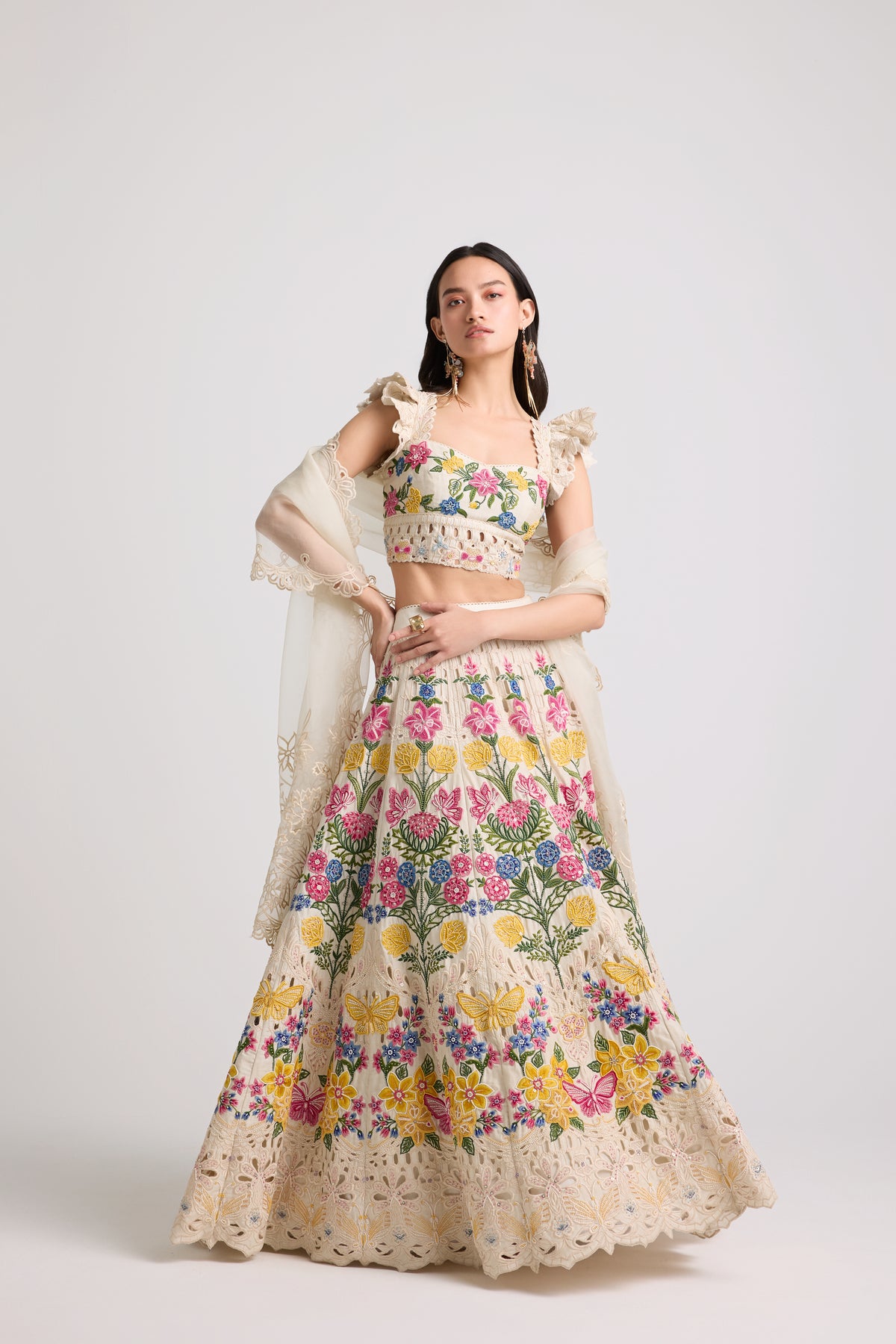 Ivory Floral Threadwork Beaded Lehenga