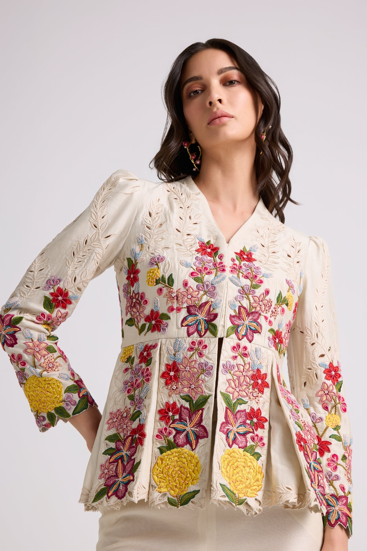 Ivory Floral Threadwork pleated Jacket
