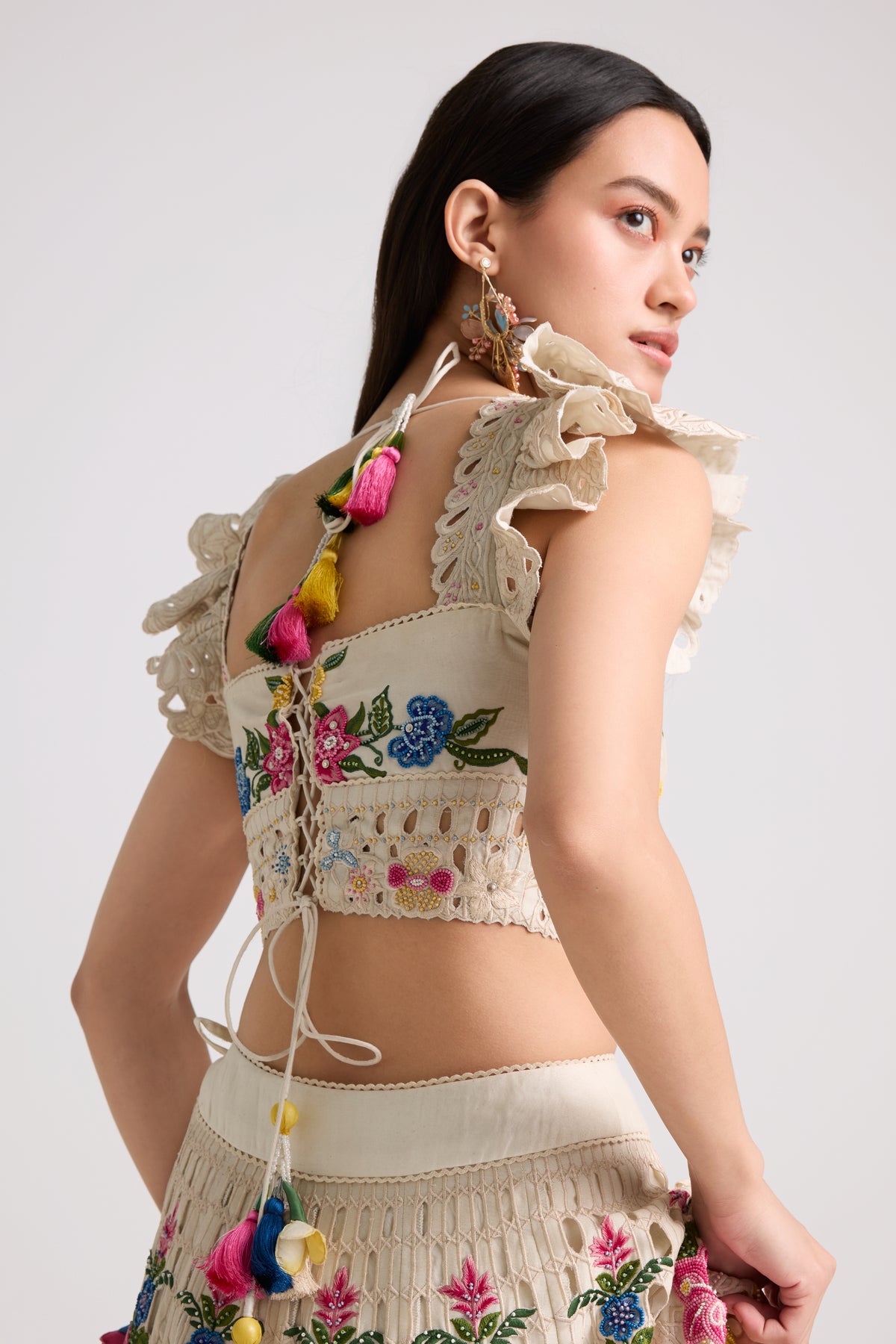 Ivory Floral Threadwork Beaded Bustier