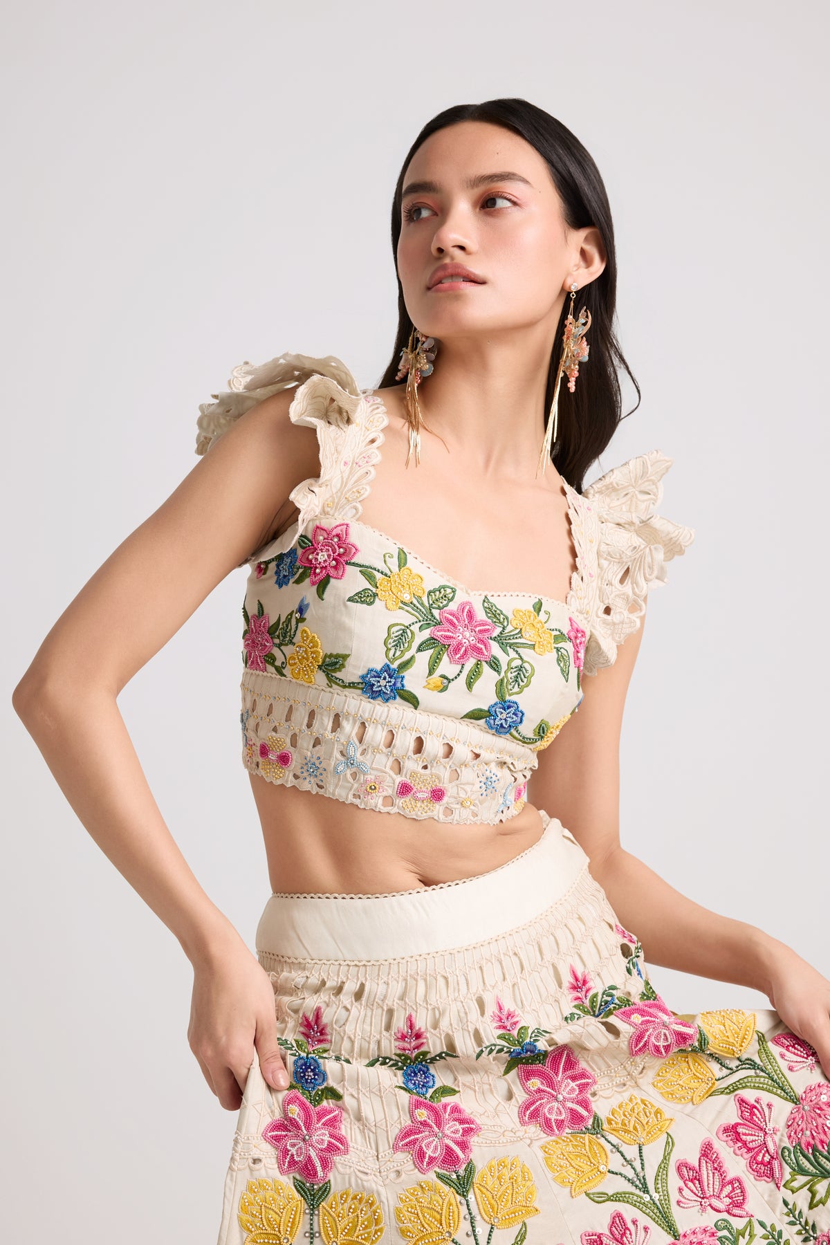 Ivory Floral Threadwork Beaded Bustier