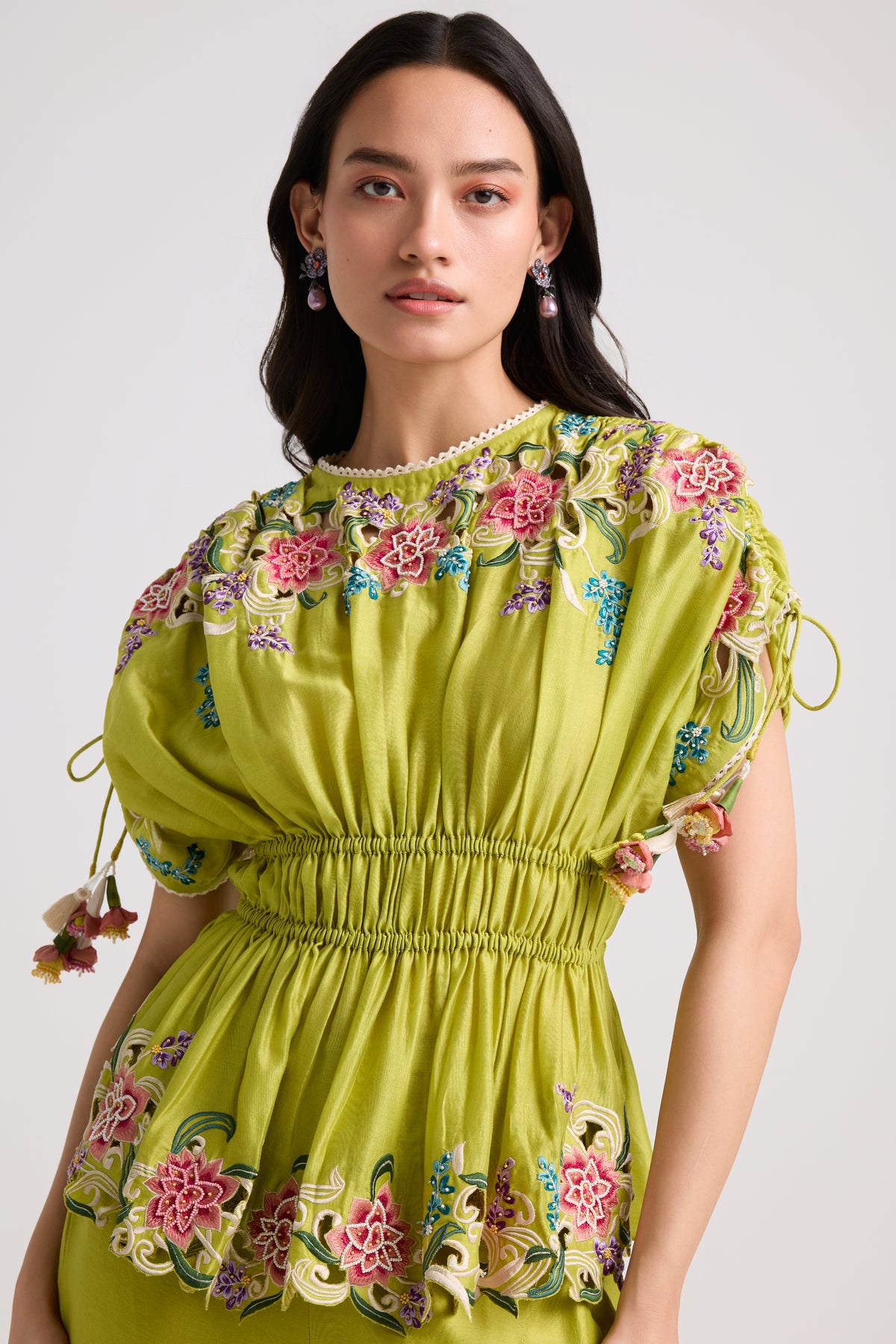 Lime Green Floral Ruched Top
