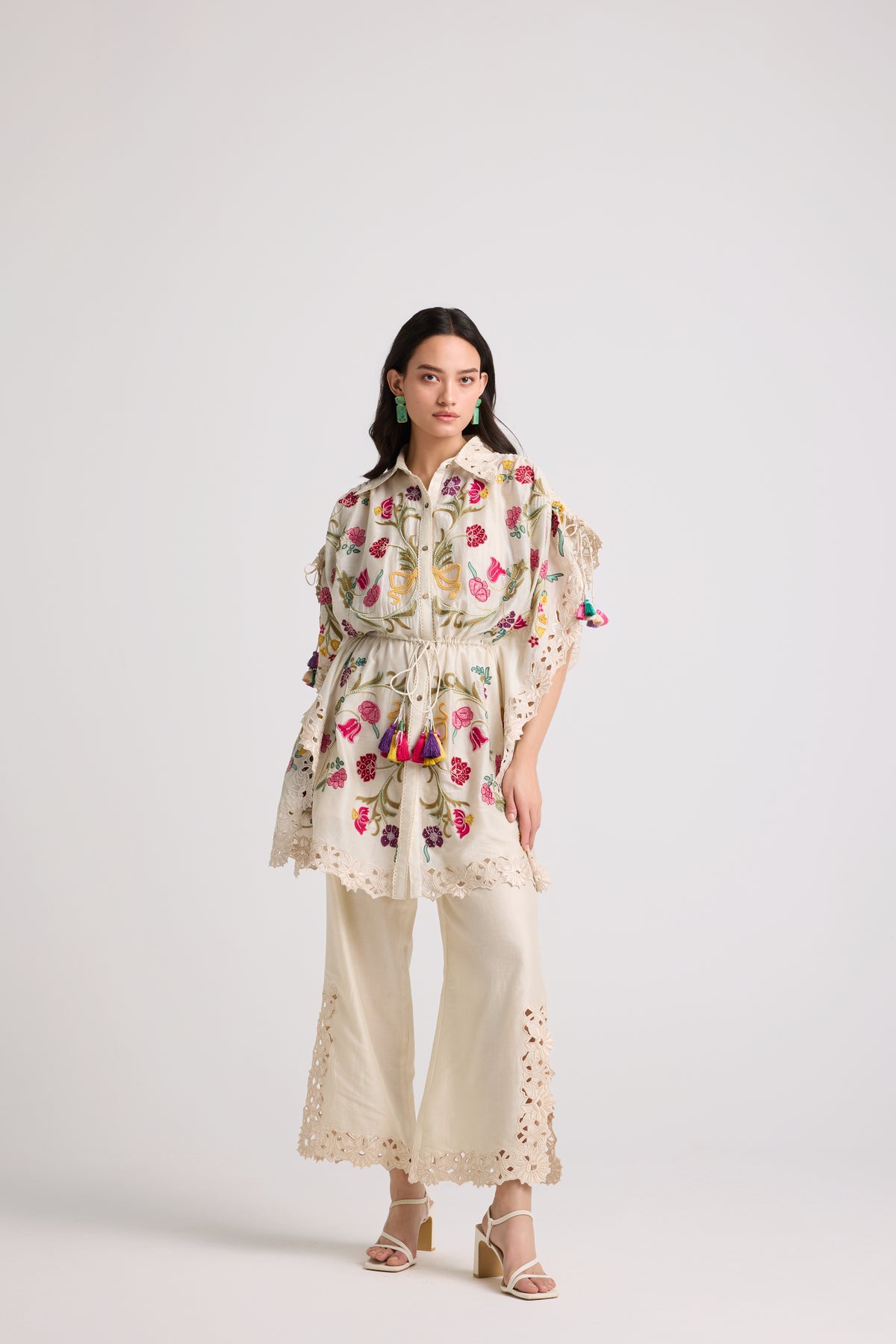 Ivory Floral Embroidered Kaftan Shirt