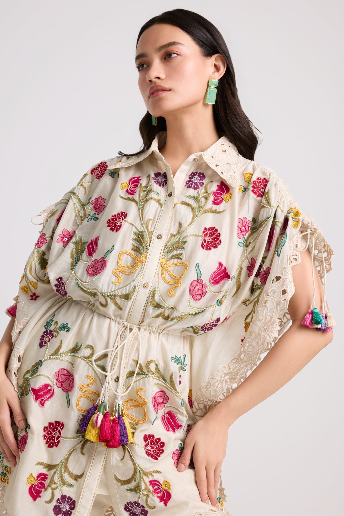 Ivory Floral Embroidered Kaftan Shirt