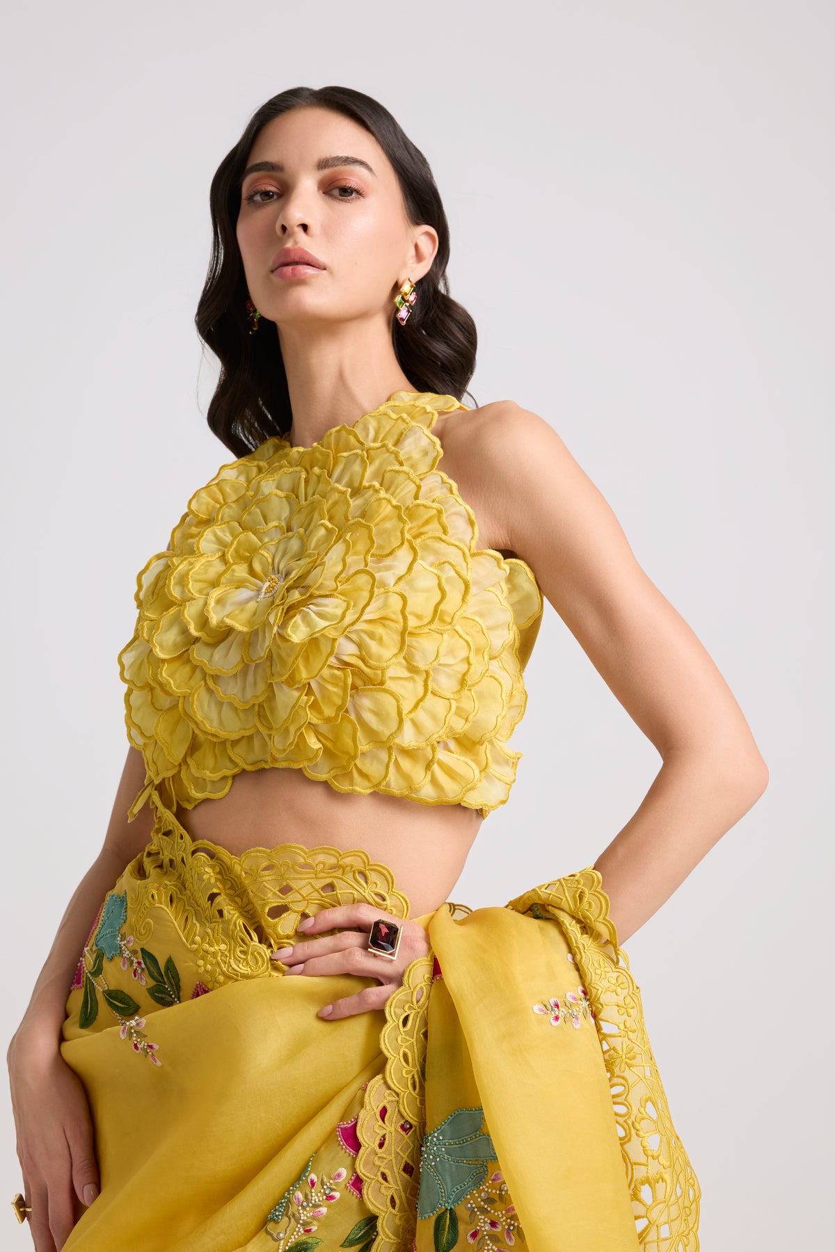 Yellow Floral Applique And Cutwork Saree