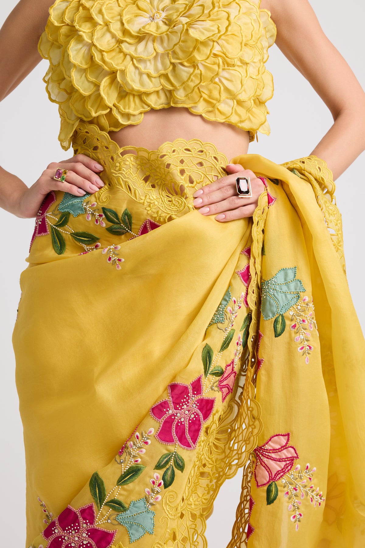 Yellow Floral Applique And Cutwork Saree