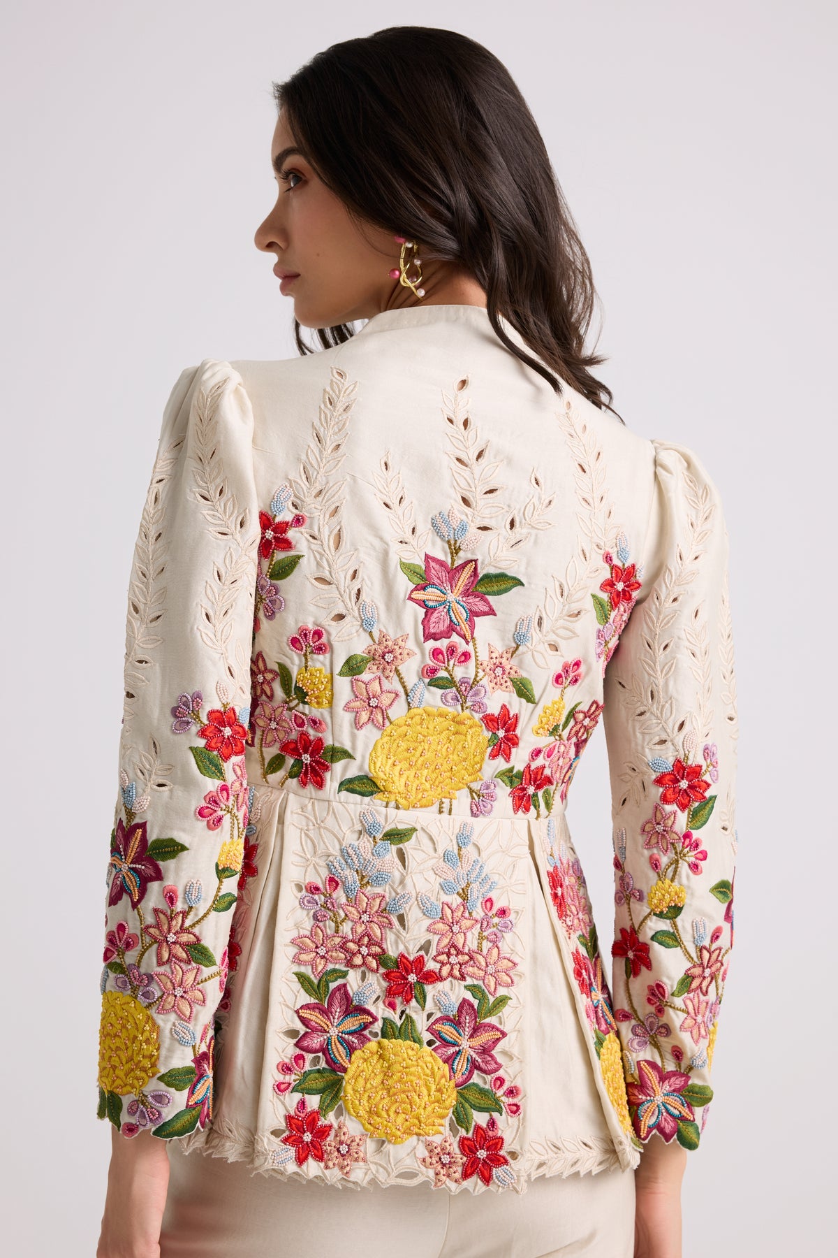 Ivory Floral Threadwork pleated Jacket