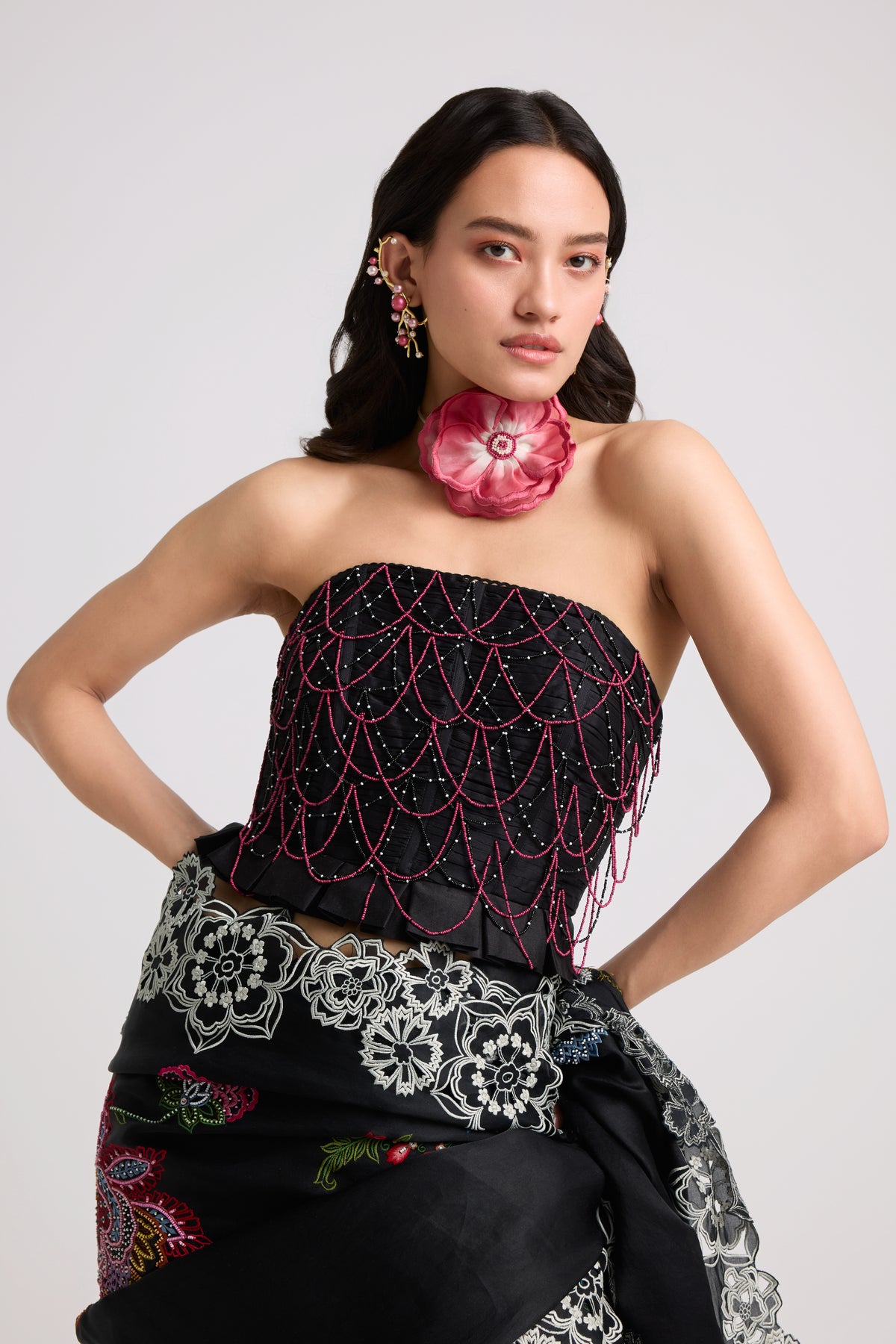 Black Beadwork Ruched Corset