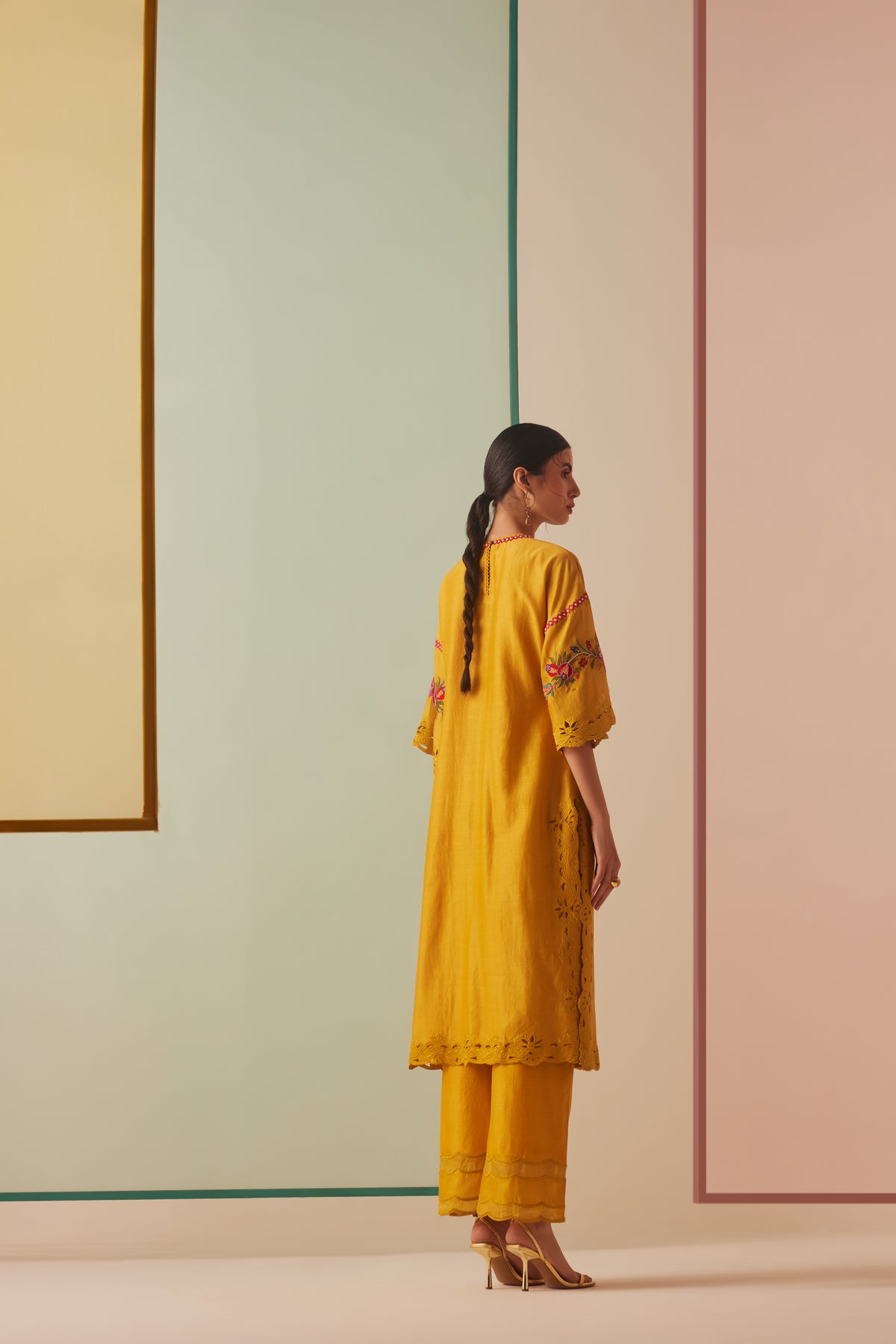 Mustard Thread Work and Beadwork Kurta Set