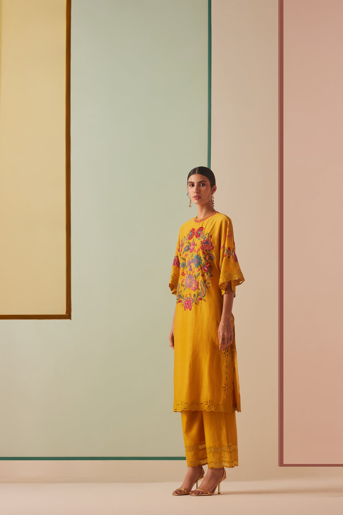 Mustard Thread Work and Beadwork Kurta Set