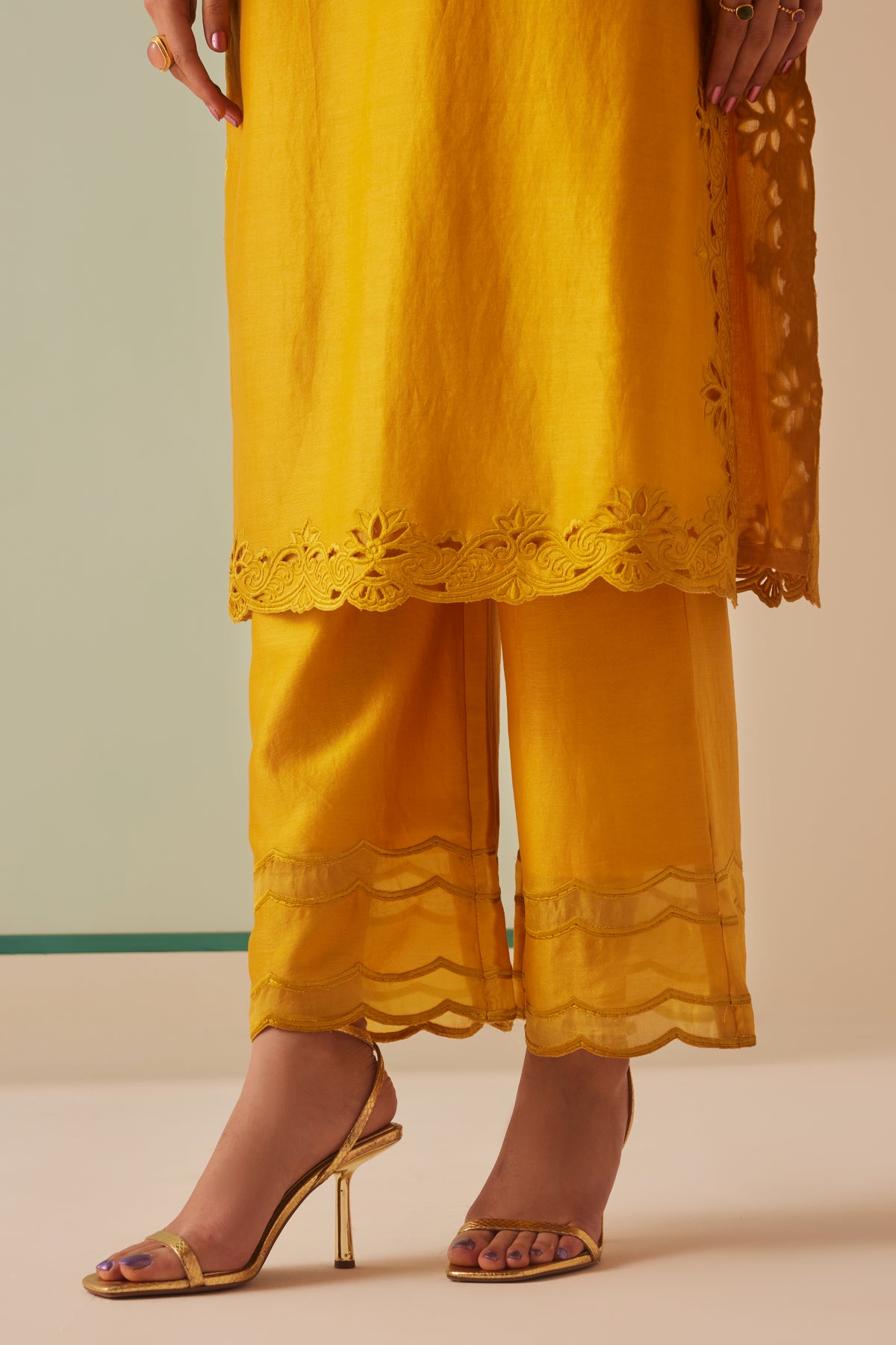 Mustard Thread Work and Beadwork Kurta Set