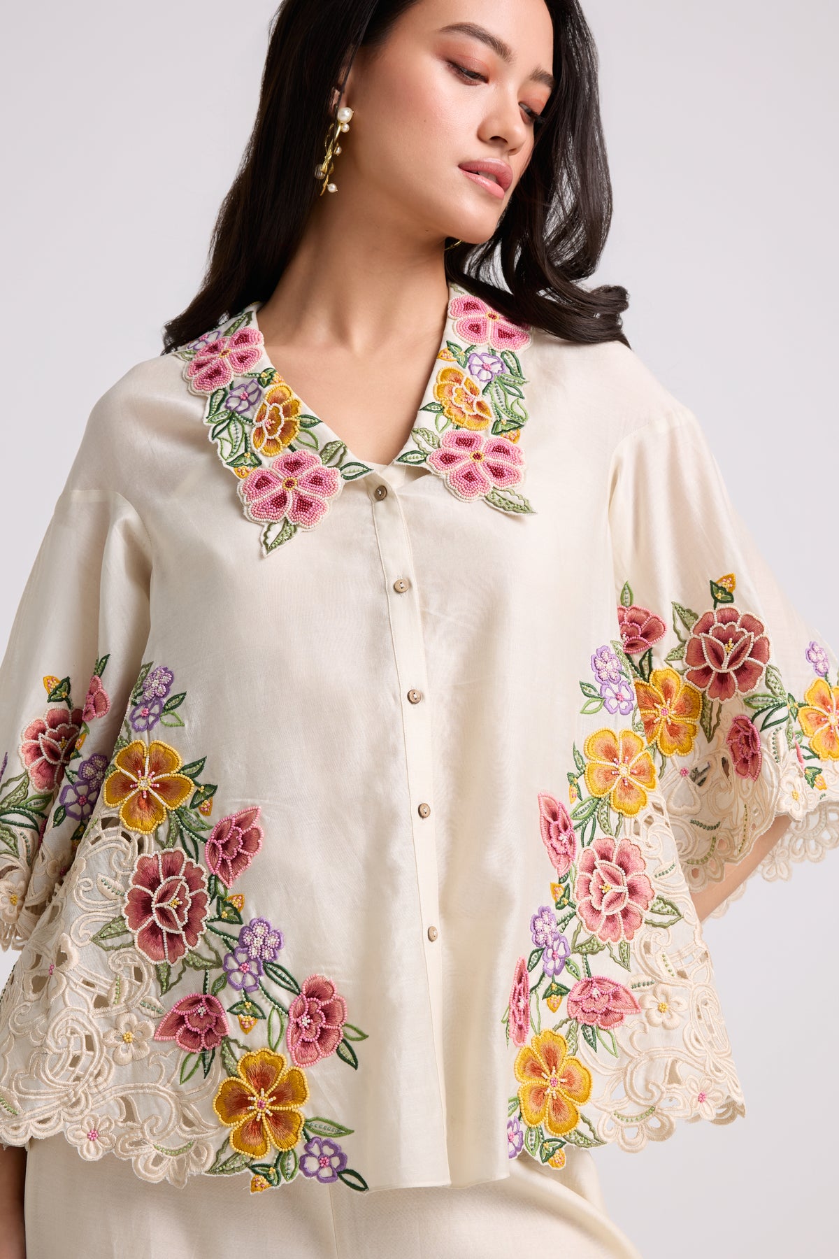 Ivory Floral Cutwork Shirt