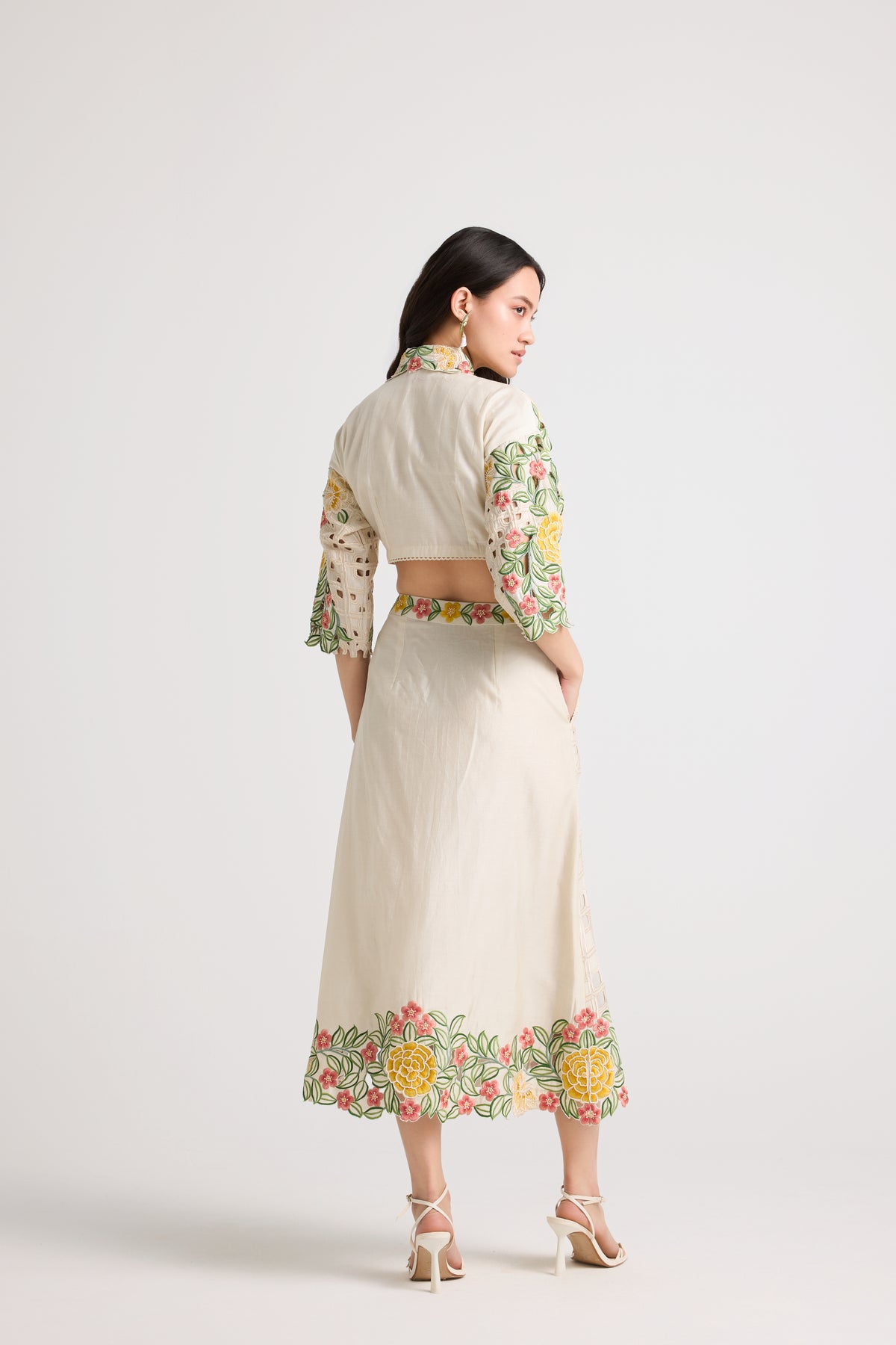 Ivory Floral Checkered Cutwork Skirt
