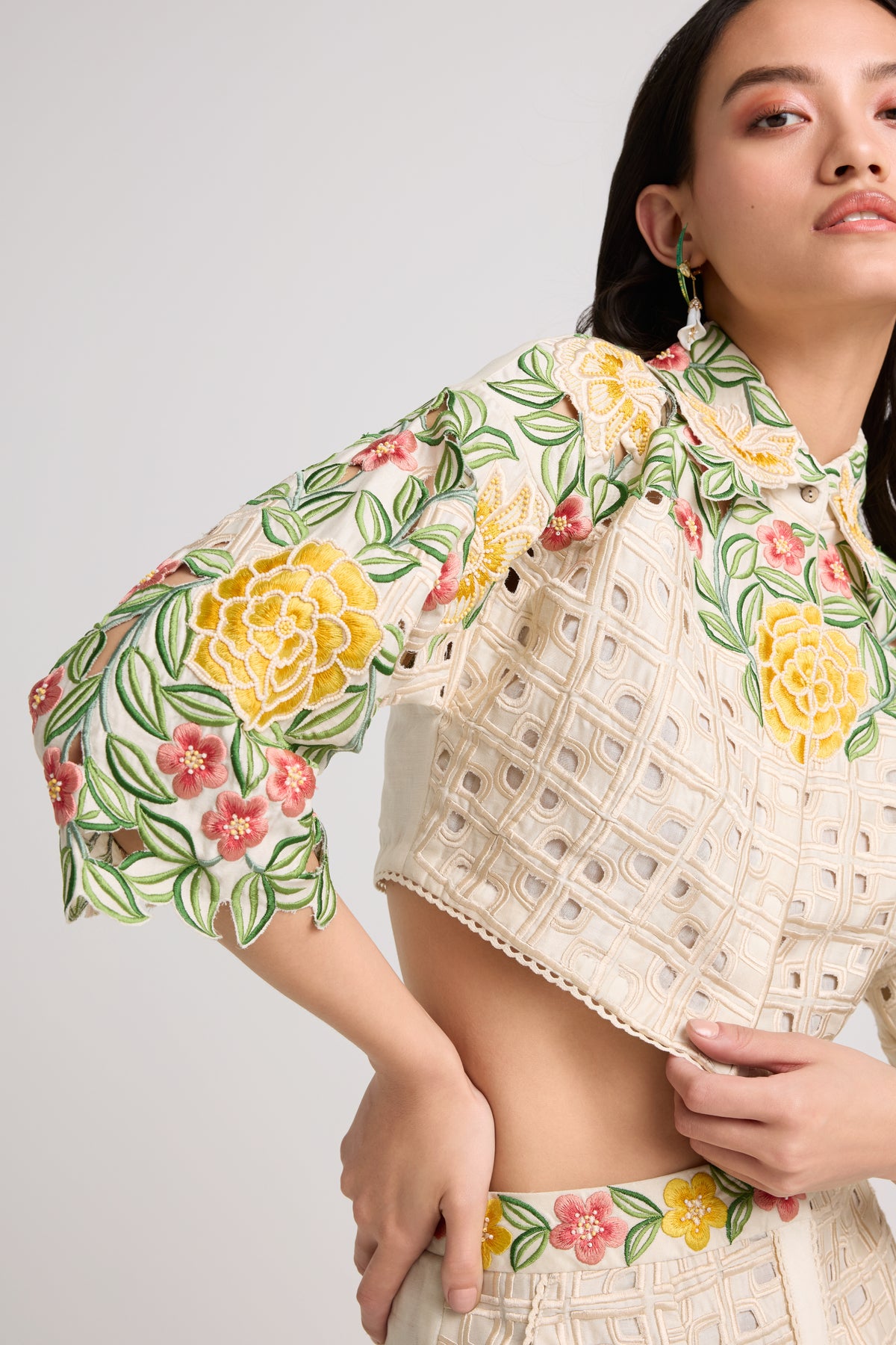 Ivory Floral Checkered Cutwork Crop Shirt