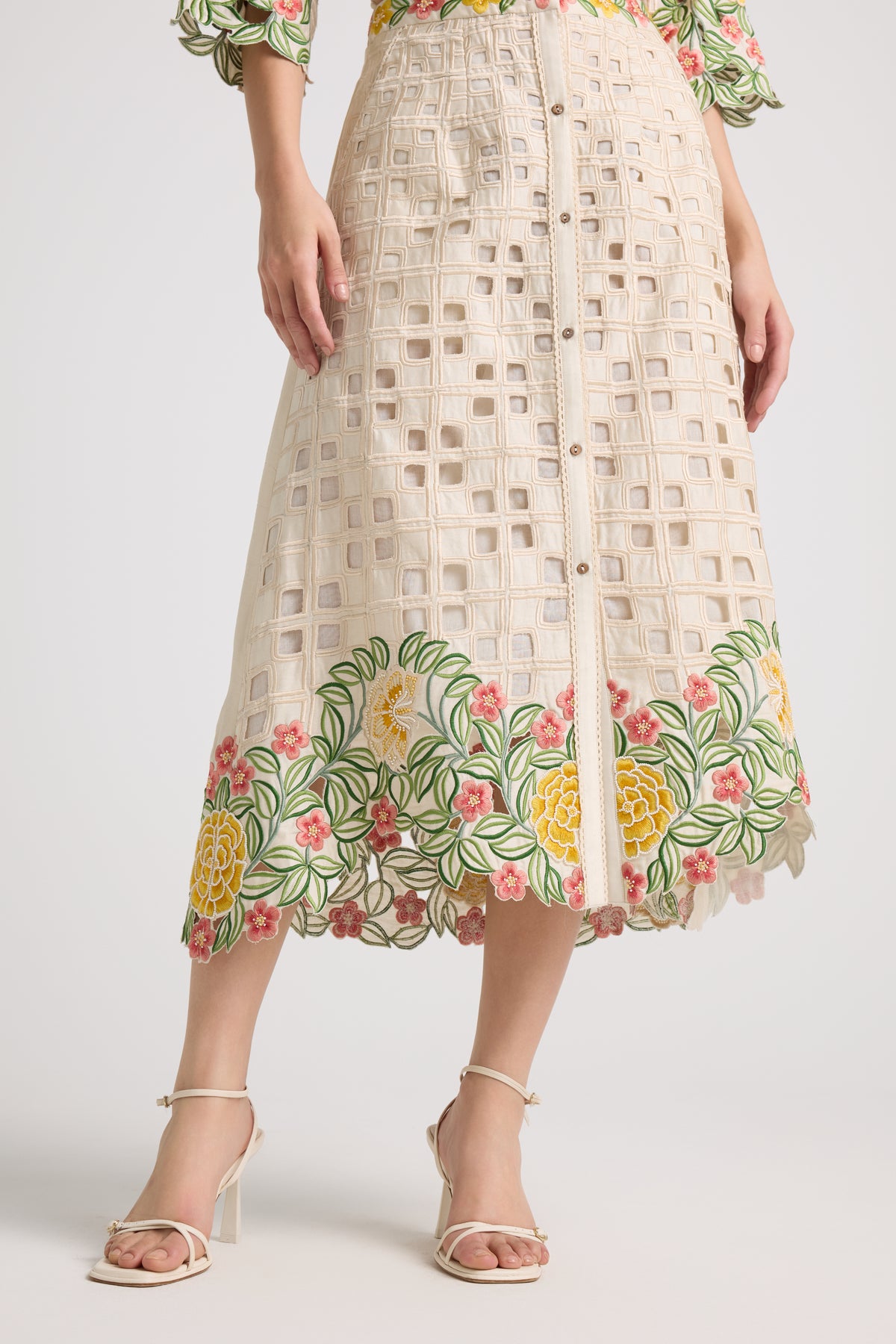 Ivory Floral Checkered Cutwork Skirt