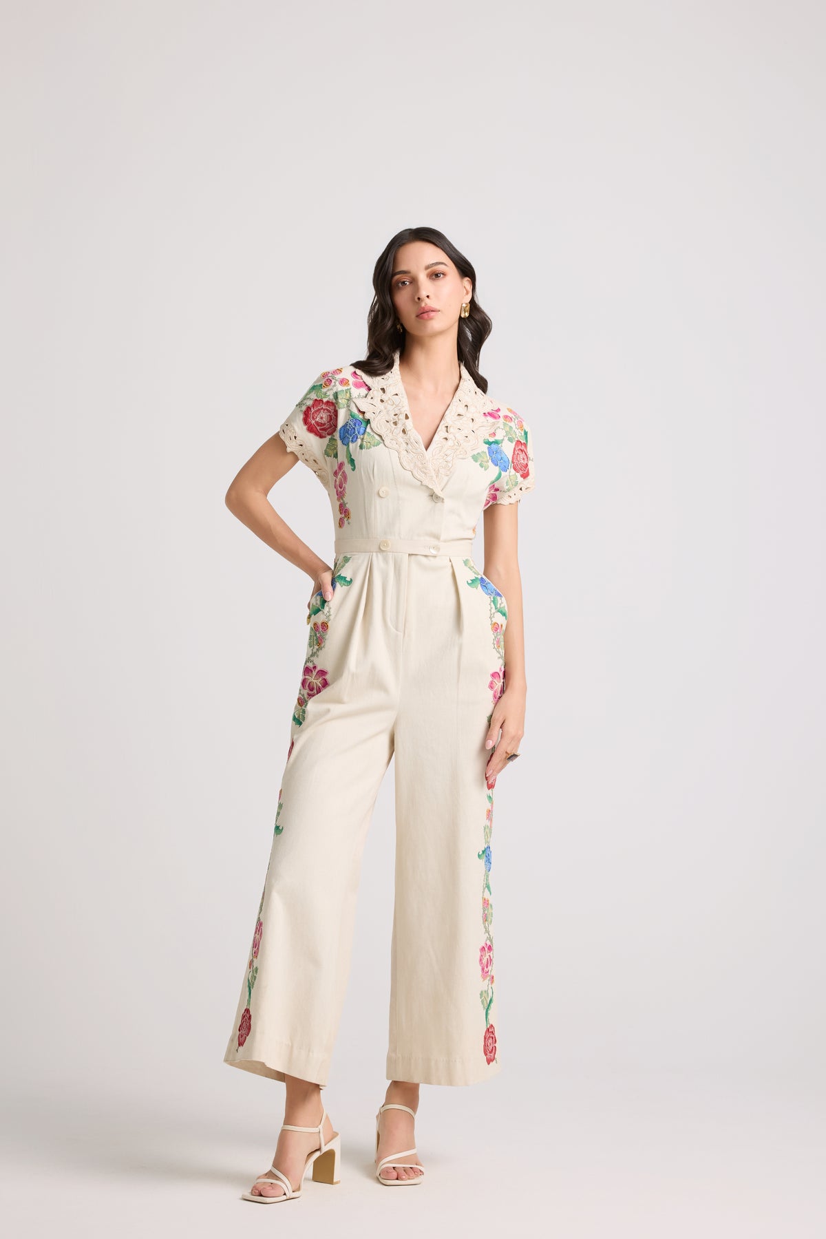 Ivory Floral Applique Beaded Jumpsuit