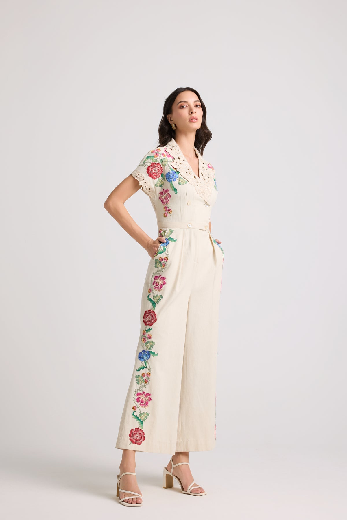 Ivory Floral Applique Beaded Jumpsuit