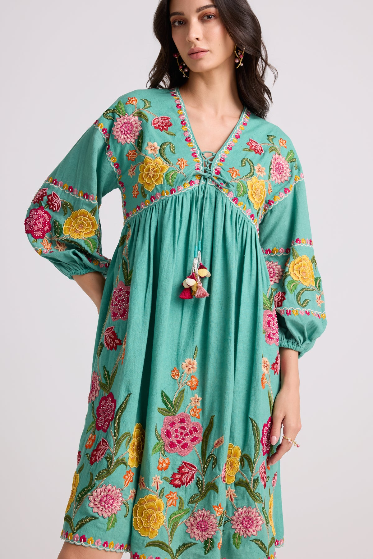 Aqua Embroidered Gathered Dress