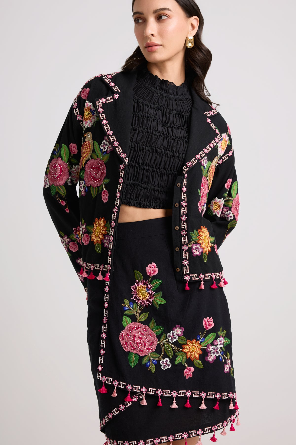 Black Floral Threadwork Short Jacket