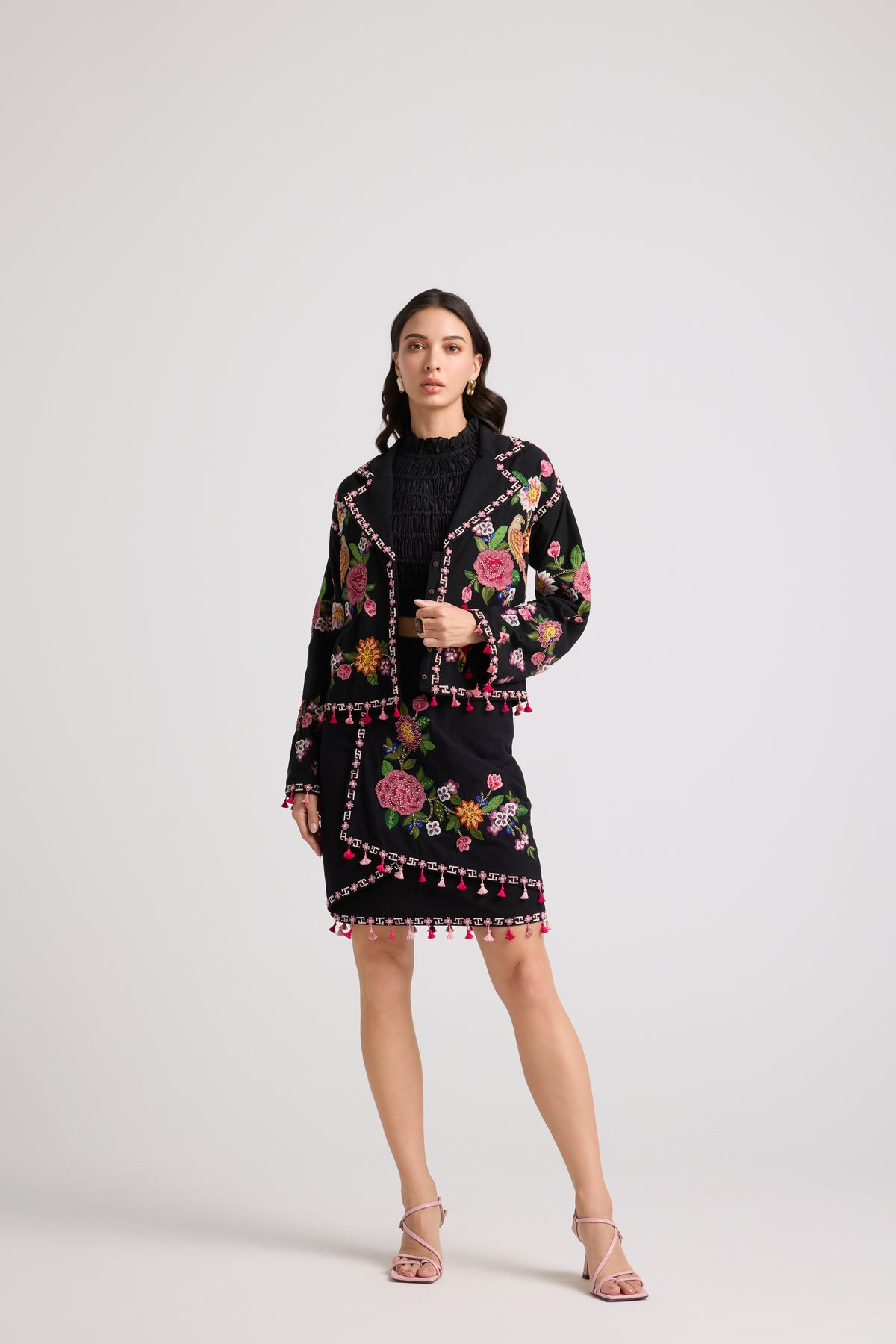 Black Floral Threadwork Short Jacket