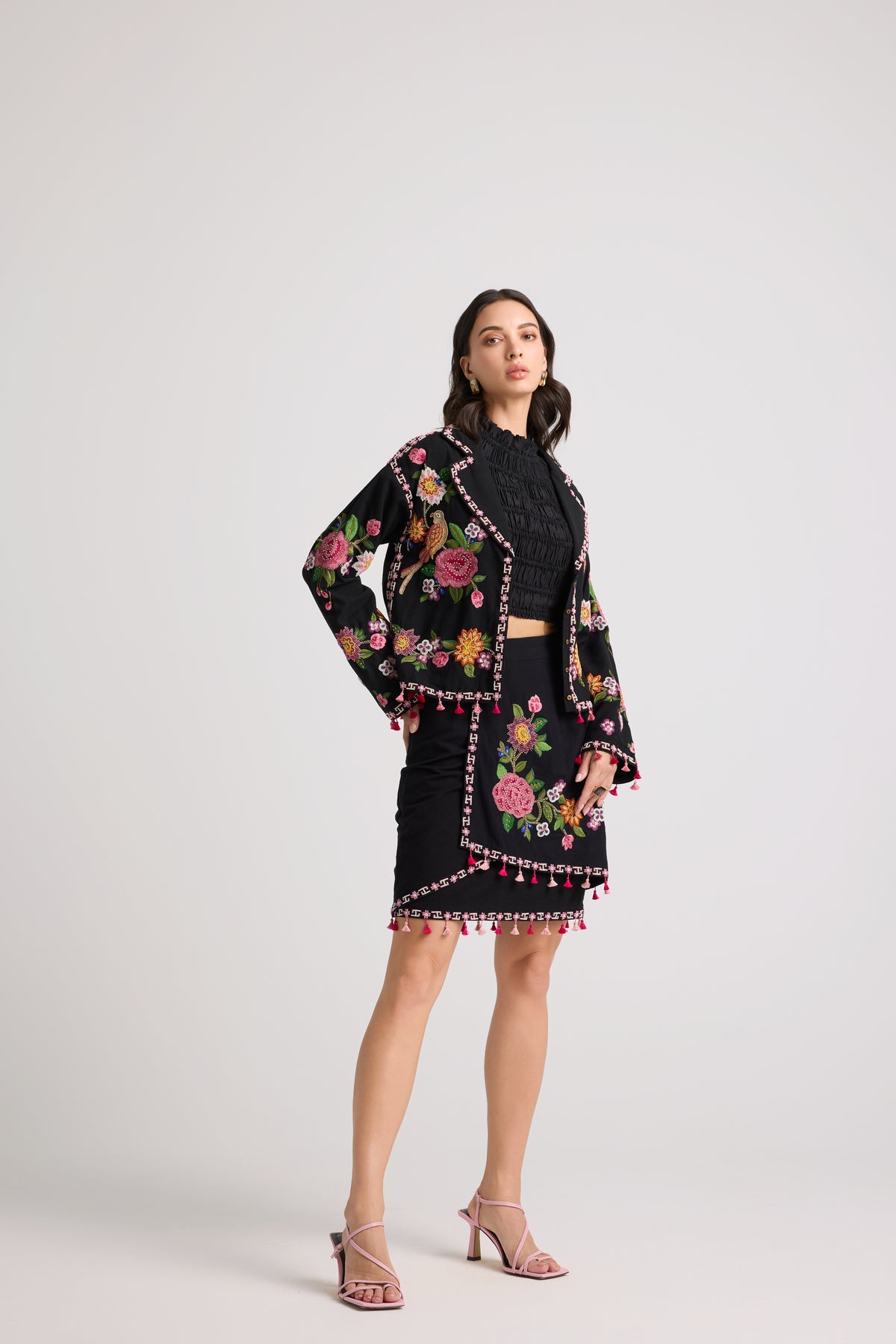 Black Floral Threadwork Short Jacket