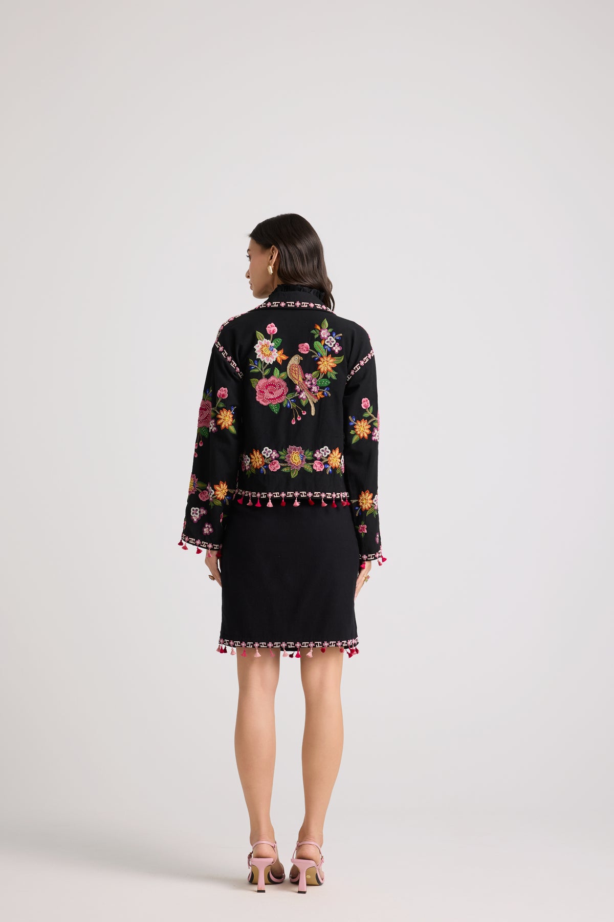 Black Floral Threadwork Short Jacket