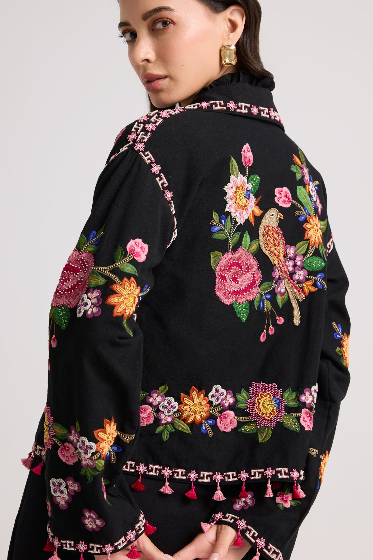 Black Floral Threadwork Short Jacket