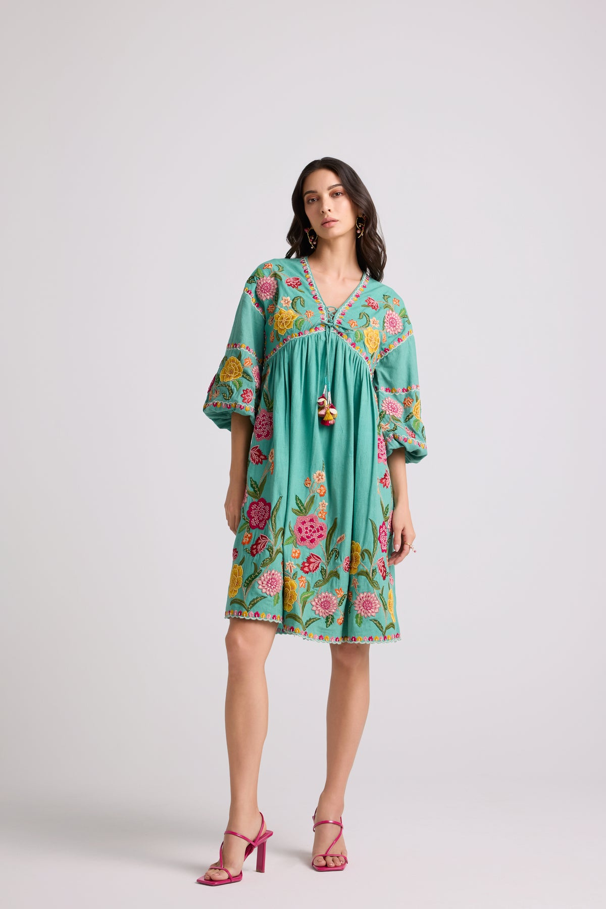 Aqua Embroidered Gathered Dress