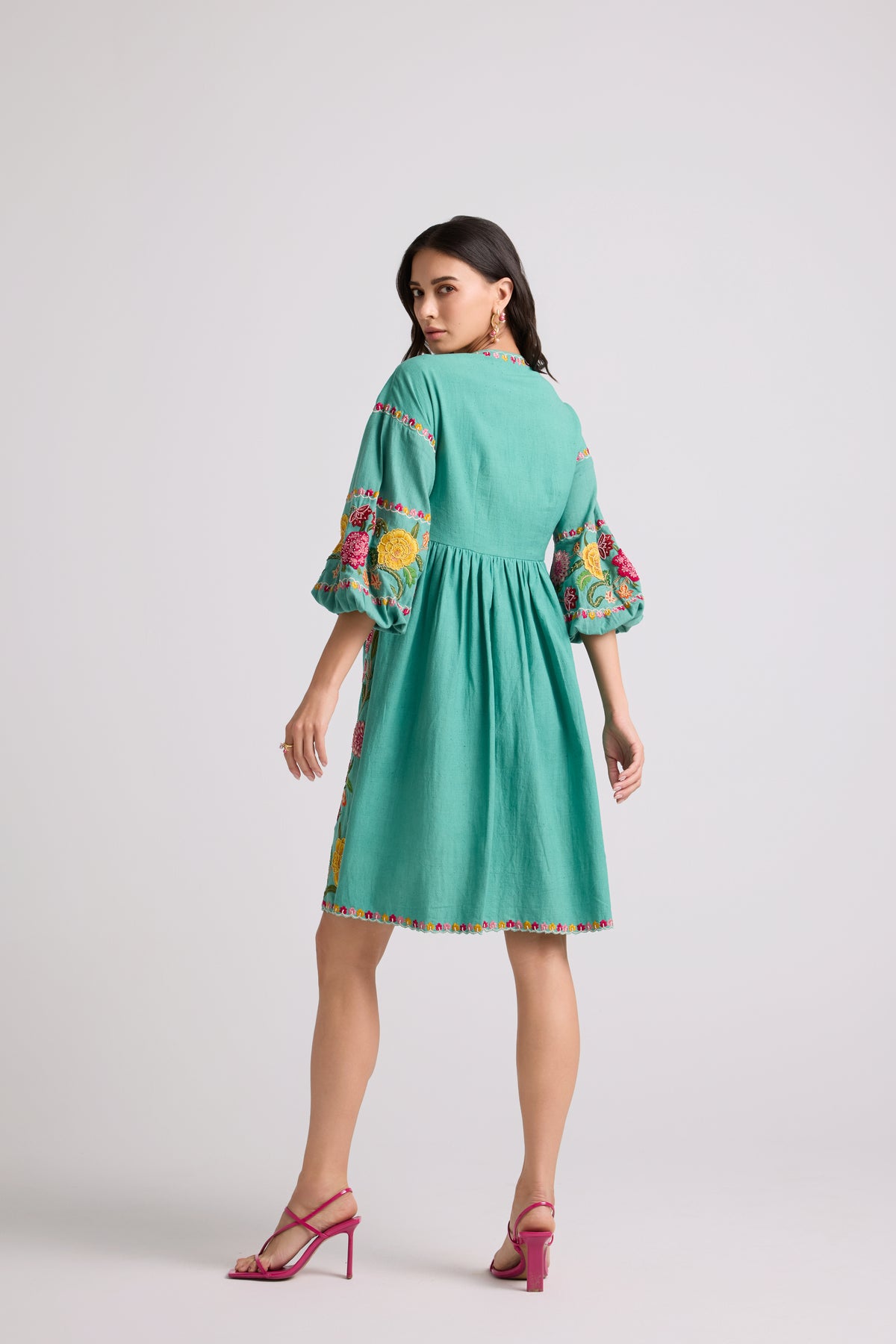 Aqua Embroidered Gathered Dress