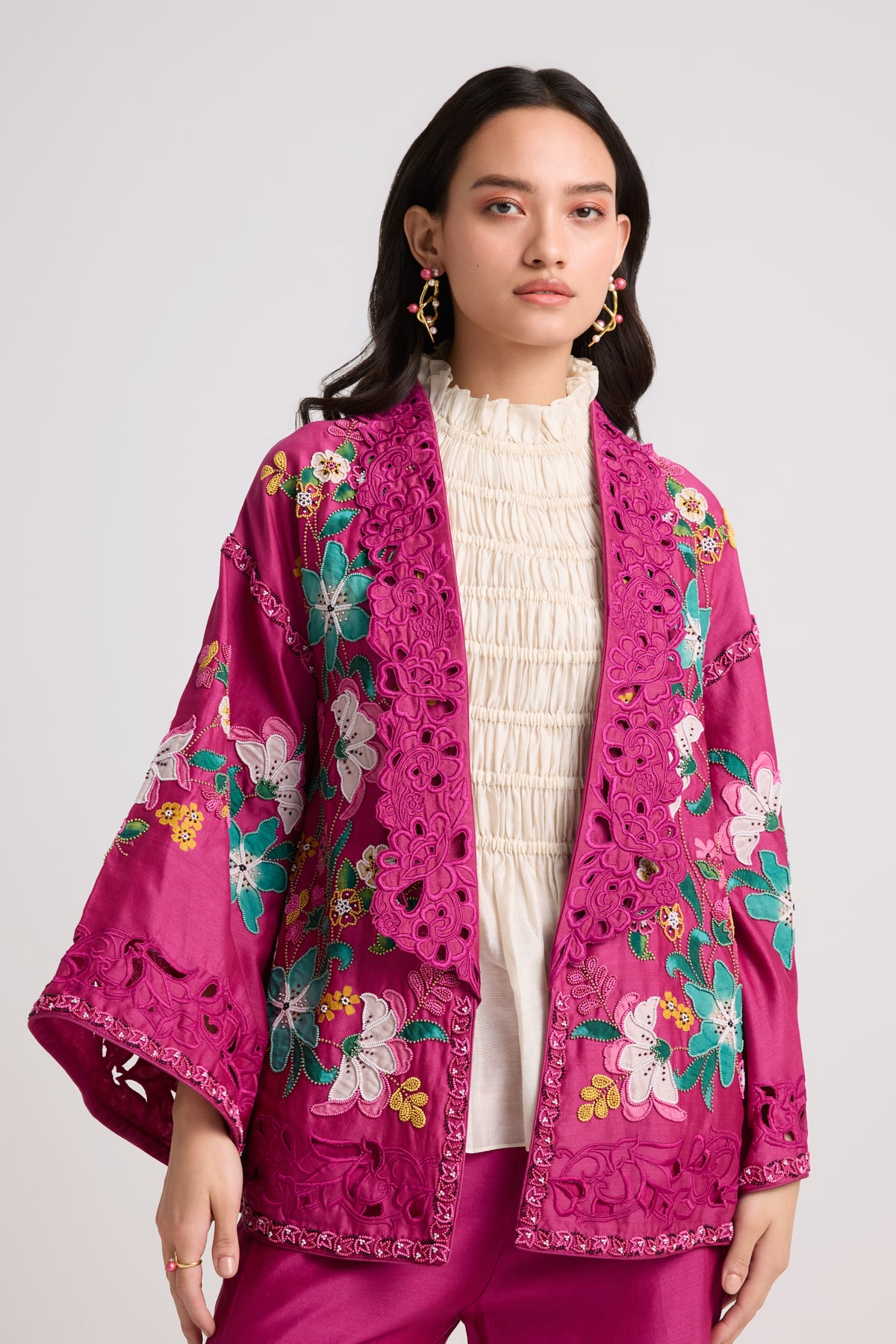 Fuchsia Applique Beaded Flared Jacket