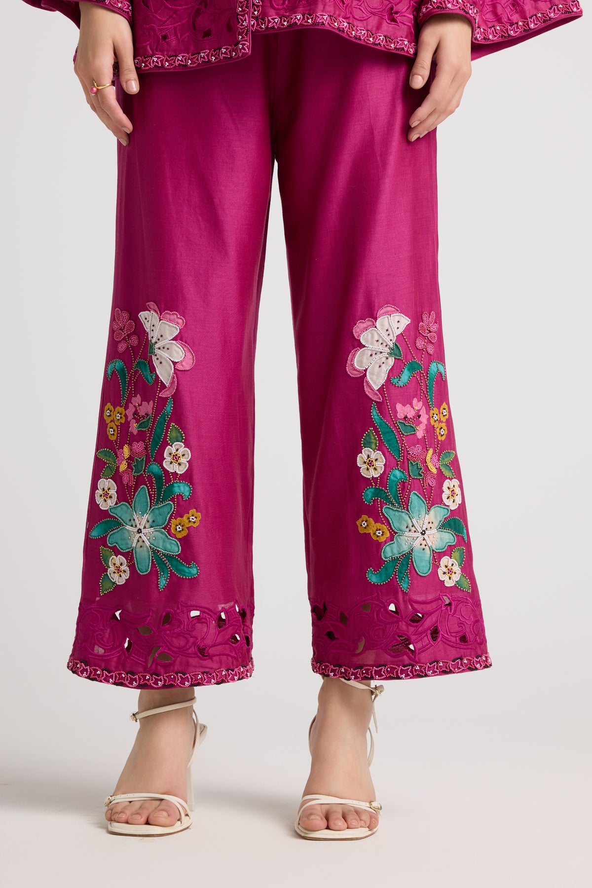 Fuchsia Applique And Beadwork Pants