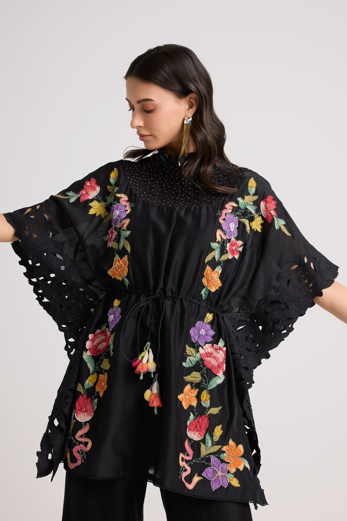 Black Applique Beaded Smocked Kaftan