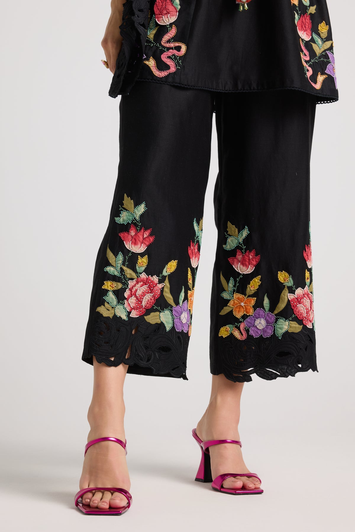 Black Applique And Beadwork Pants