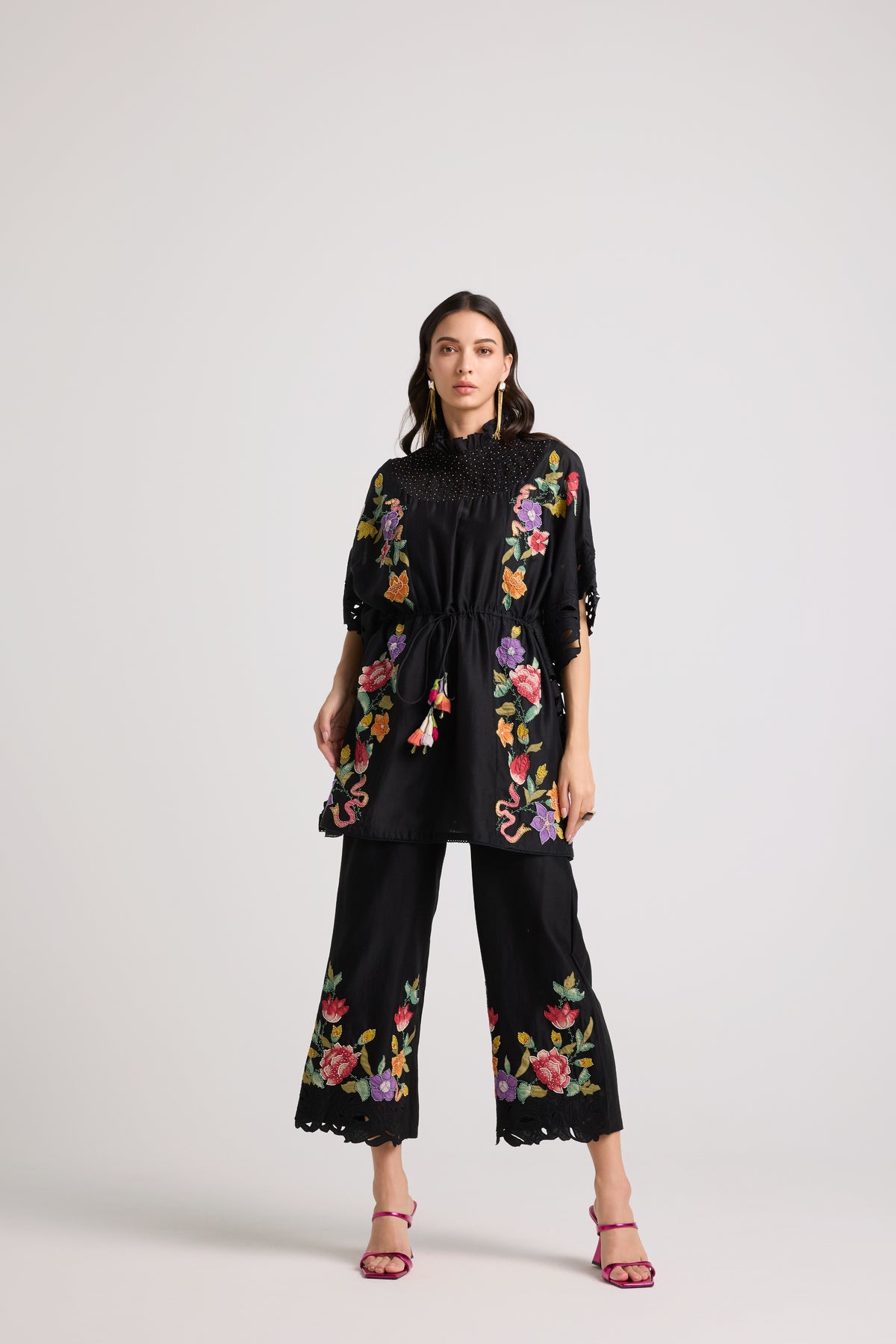 Black Applique Beaded Smocked Kaftan