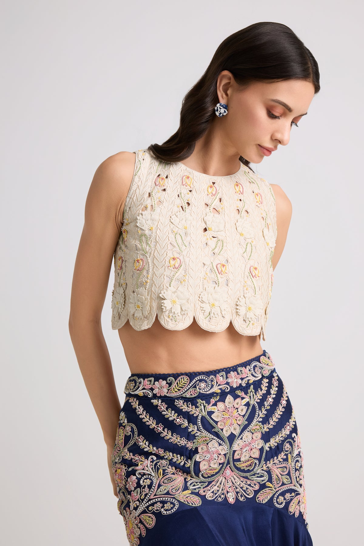 Ivory 3d Florals Panelled Top