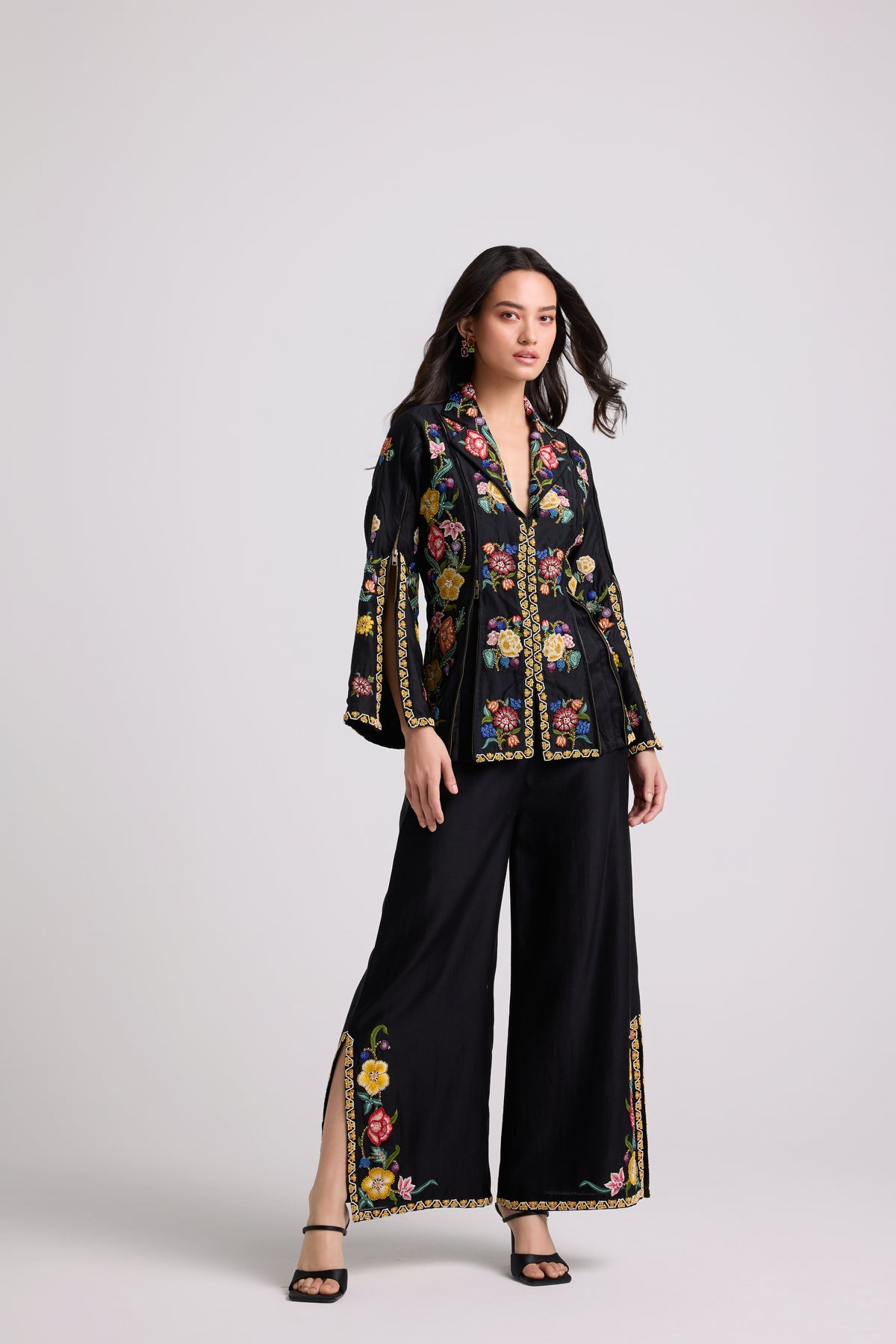 Black Floral Embroidered Flared Pants