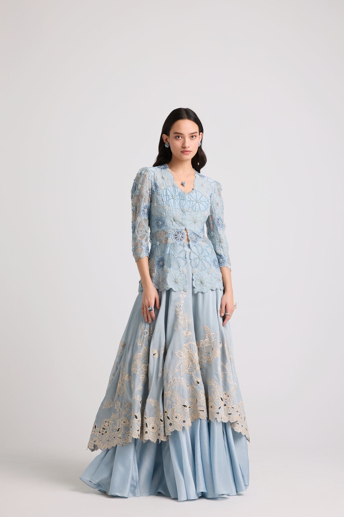 Powder Blue Contrast Cutwork Lehenga