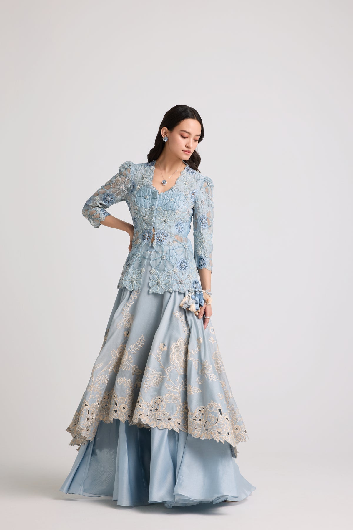 Powder Blue Contrast Cutwork Lehenga