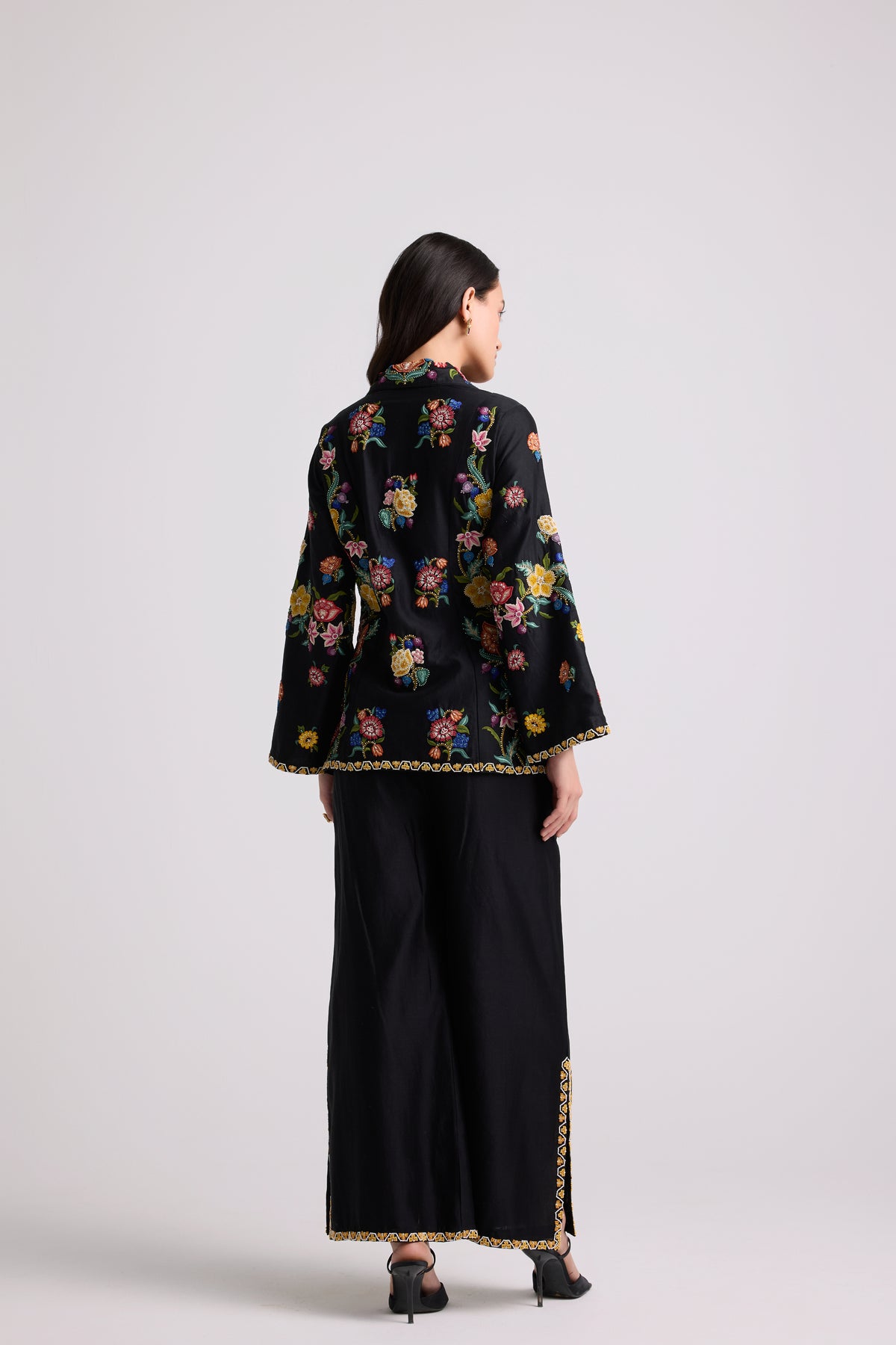 Black Floral Embroidered Flared Pants