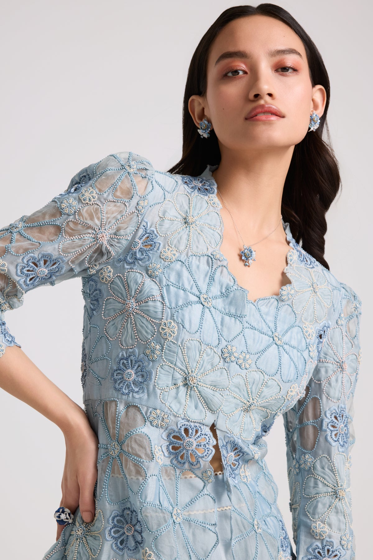 Powder Blue Applique Peplum Jacket