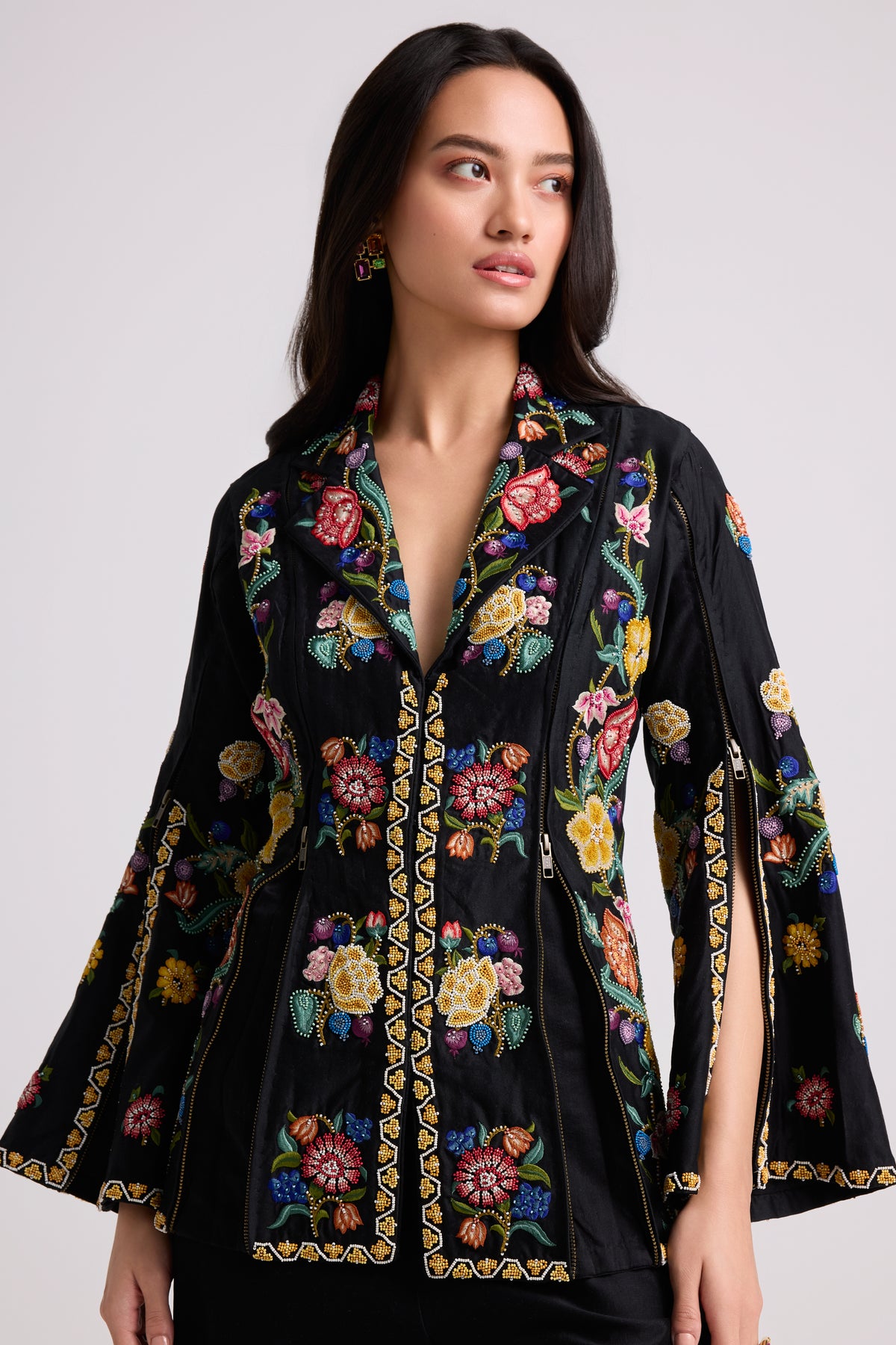 Black Floral Zipper Detail Jacket