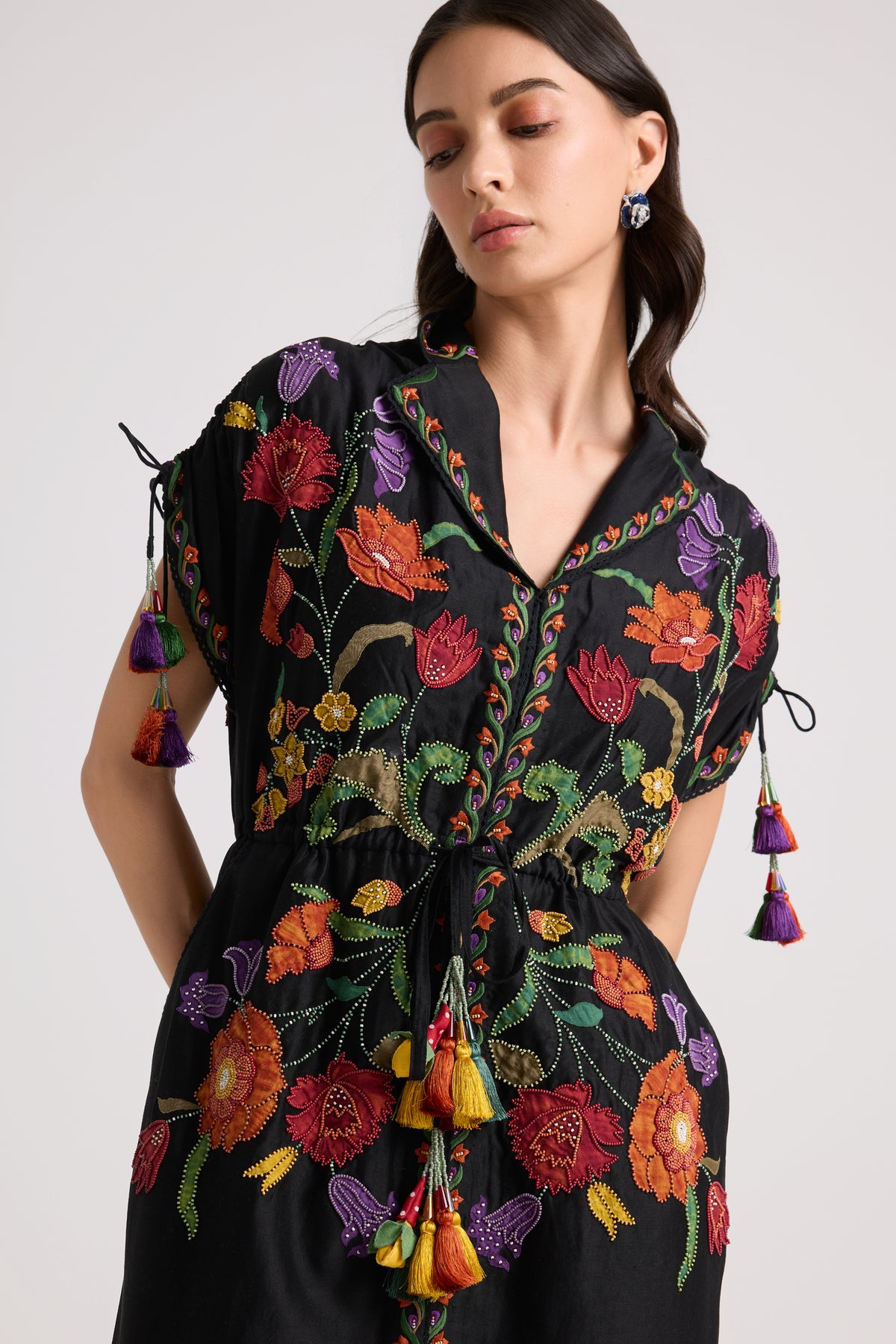 Black Applique Beaded Shirt Dress