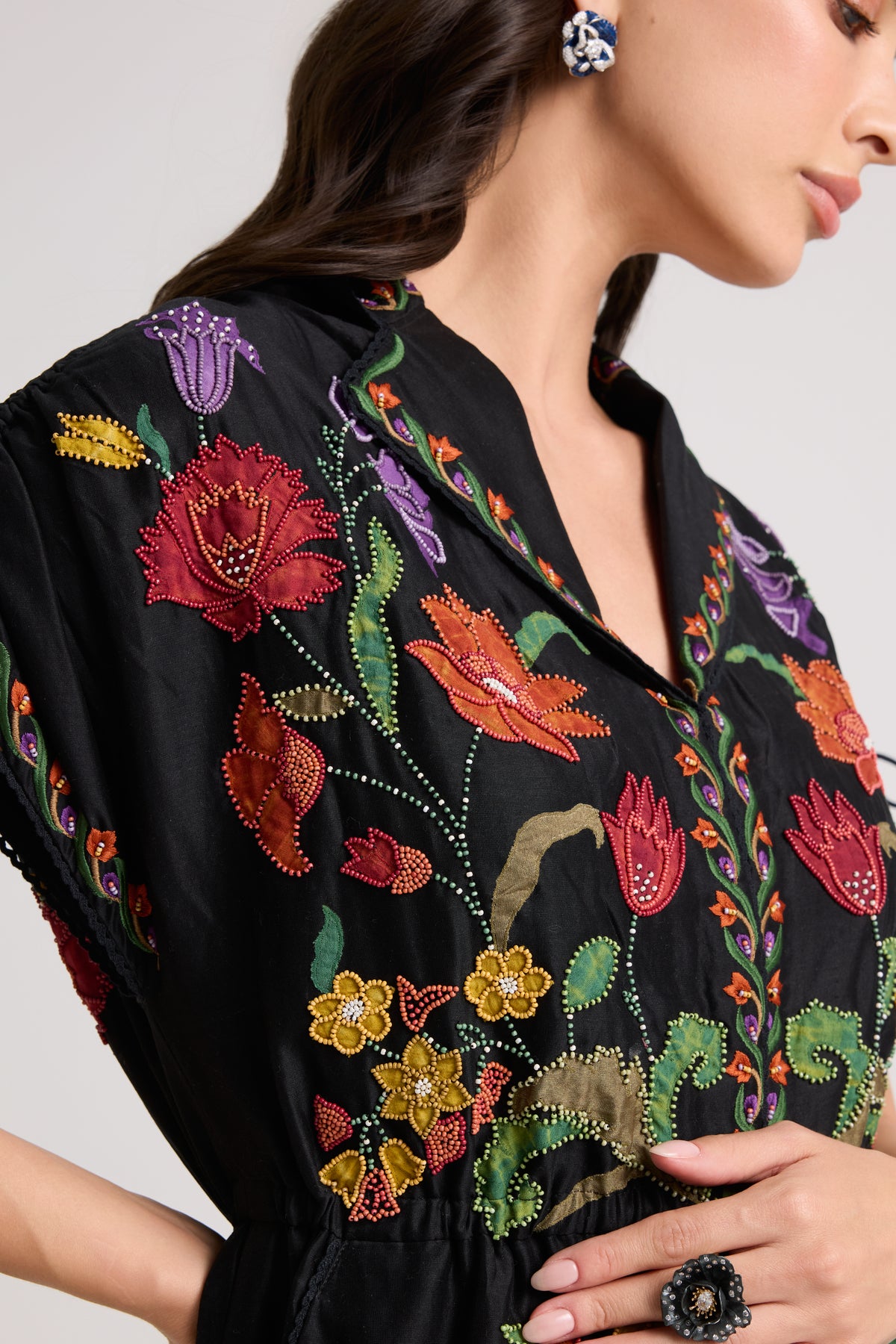 Black Applique Beaded Shirt Dress